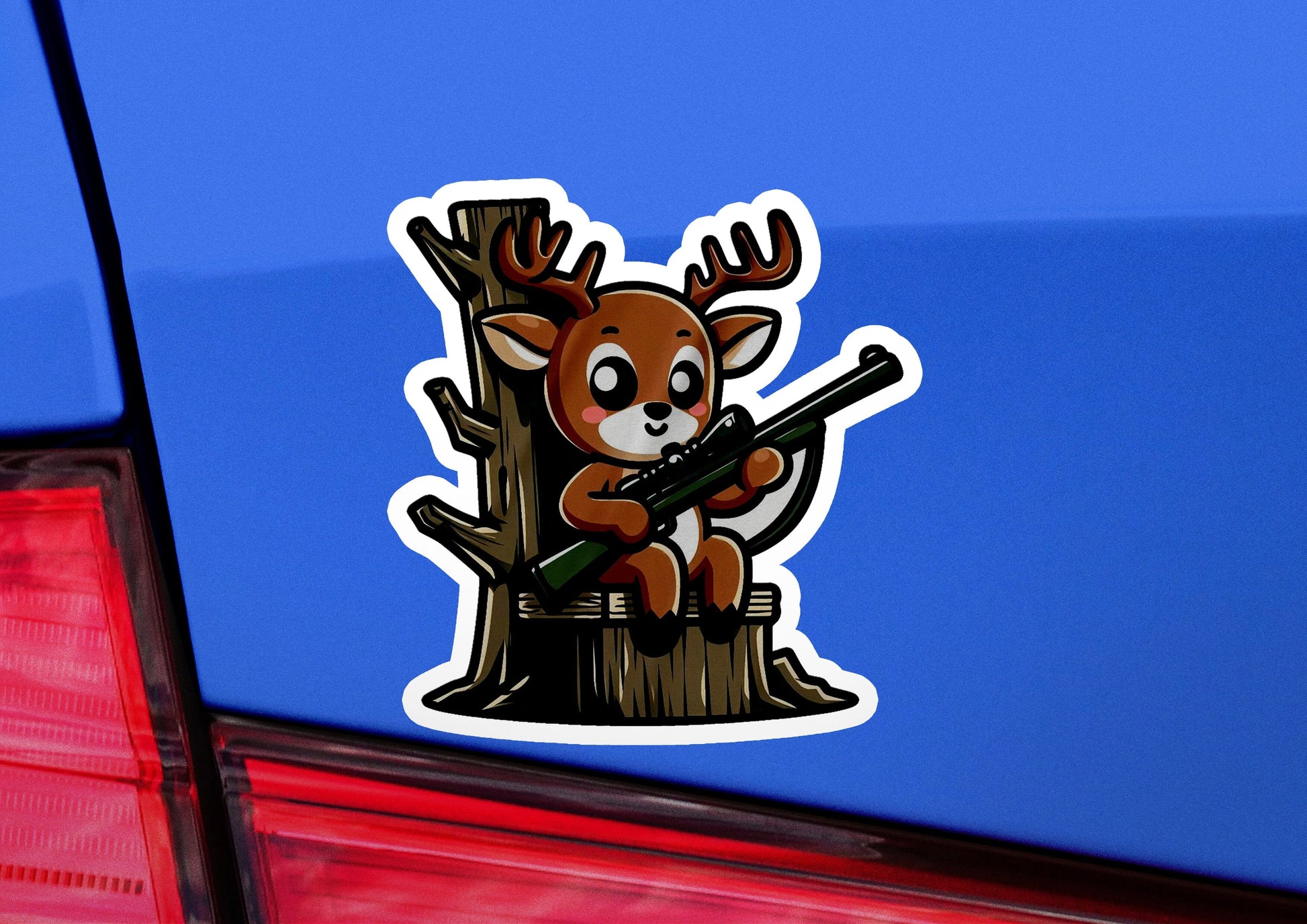 a sticker of a deer sitting on a tree stump