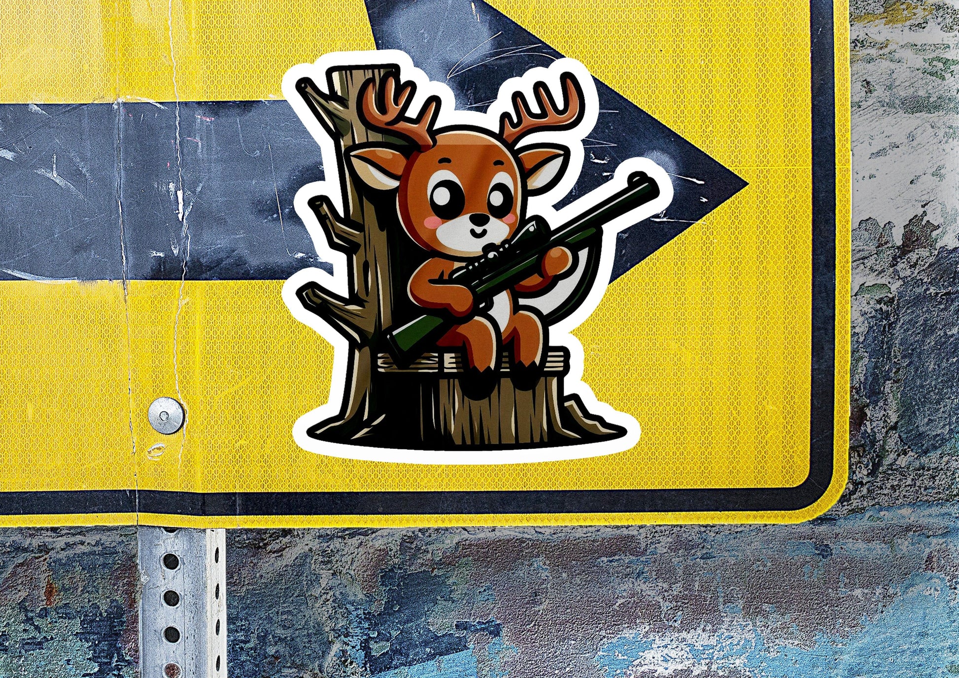 a sticker of a deer sitting on top of a tree stump