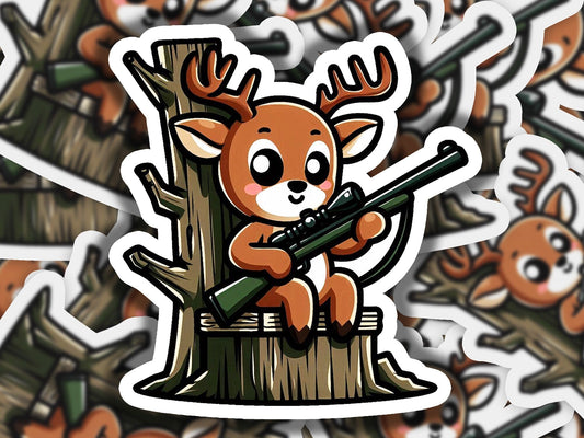 a sticker of a deer holding a rifle