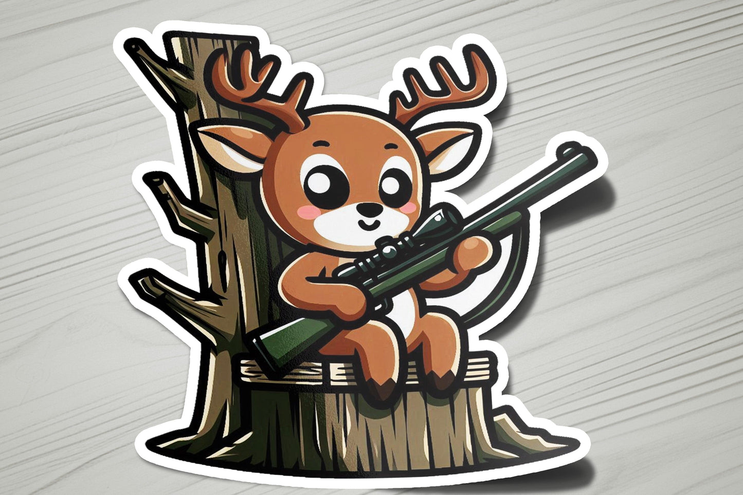 a sticker of a deer holding a rifle