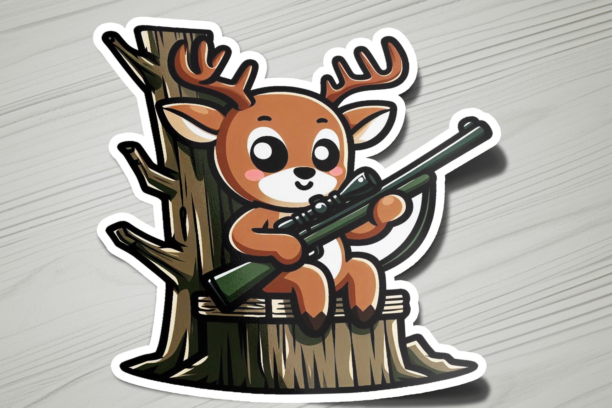a sticker of a deer holding a rifle
