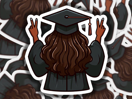 a sticker of a man with long hair wearing a graduation cap