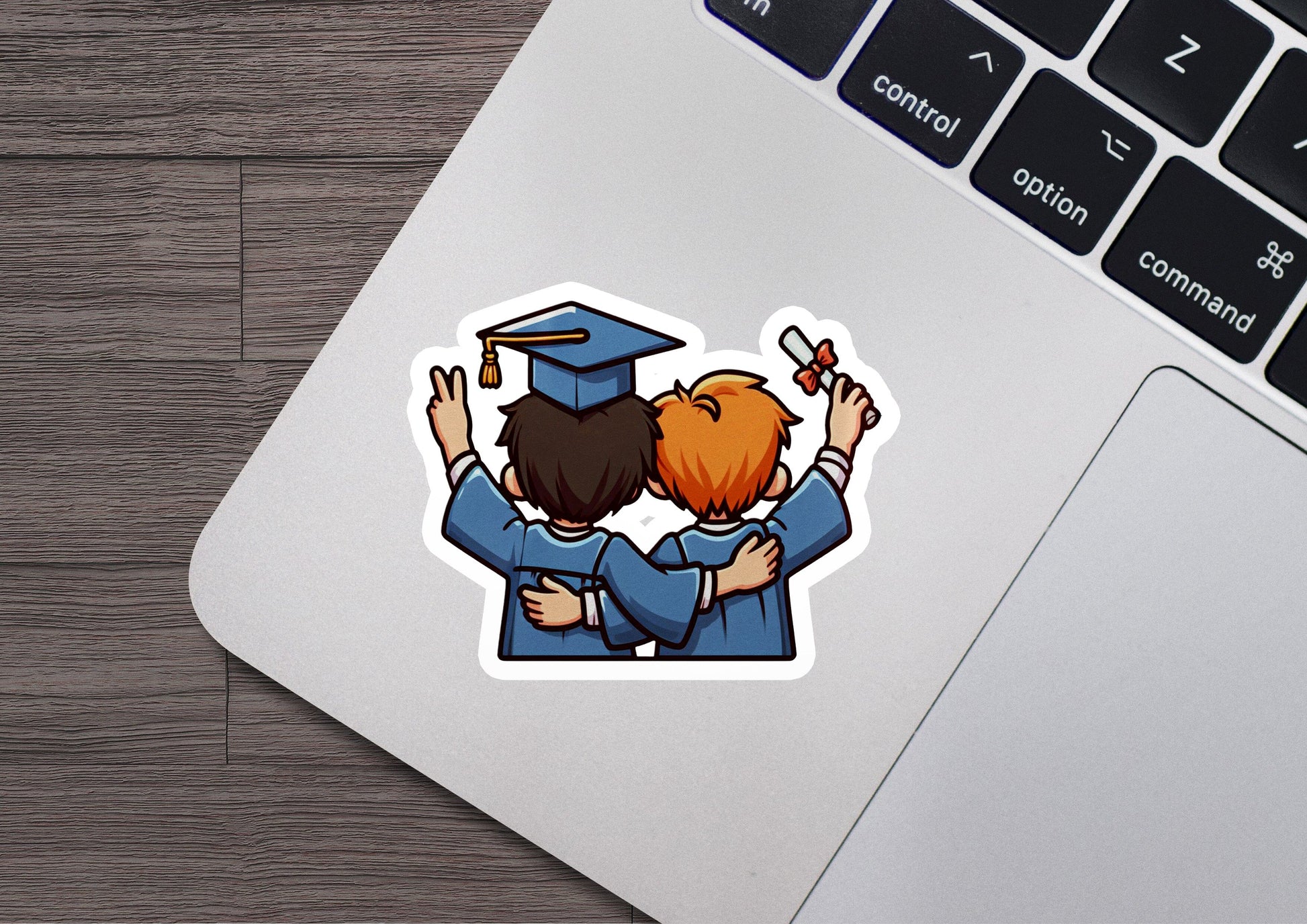 a laptop with a sticker of two people hugging each other
