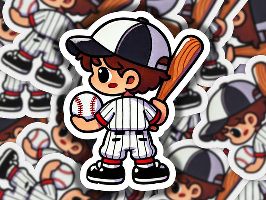 a sticker of a baseball player holding a bat