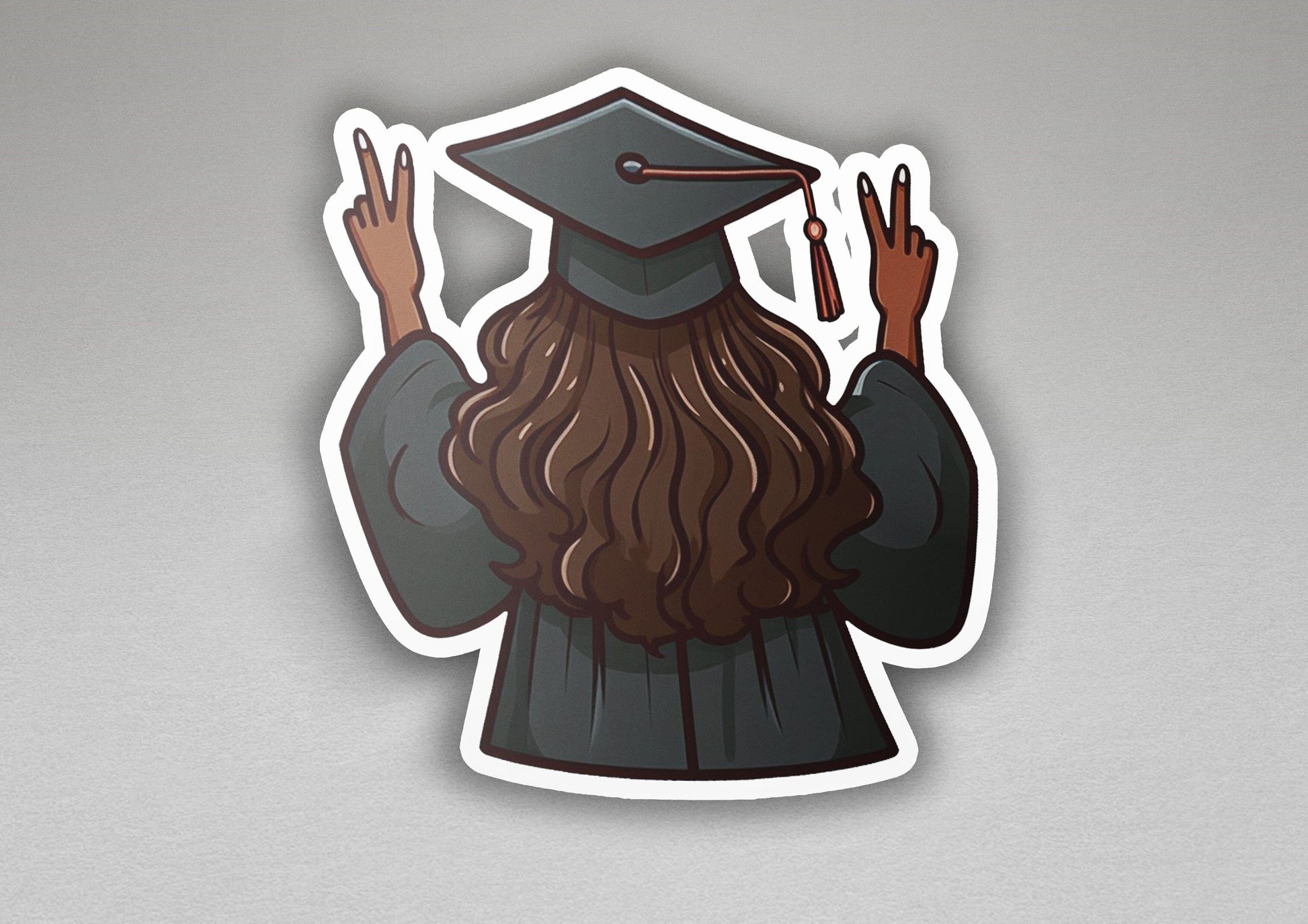 a sticker of a man with long hair wearing a graduation cap