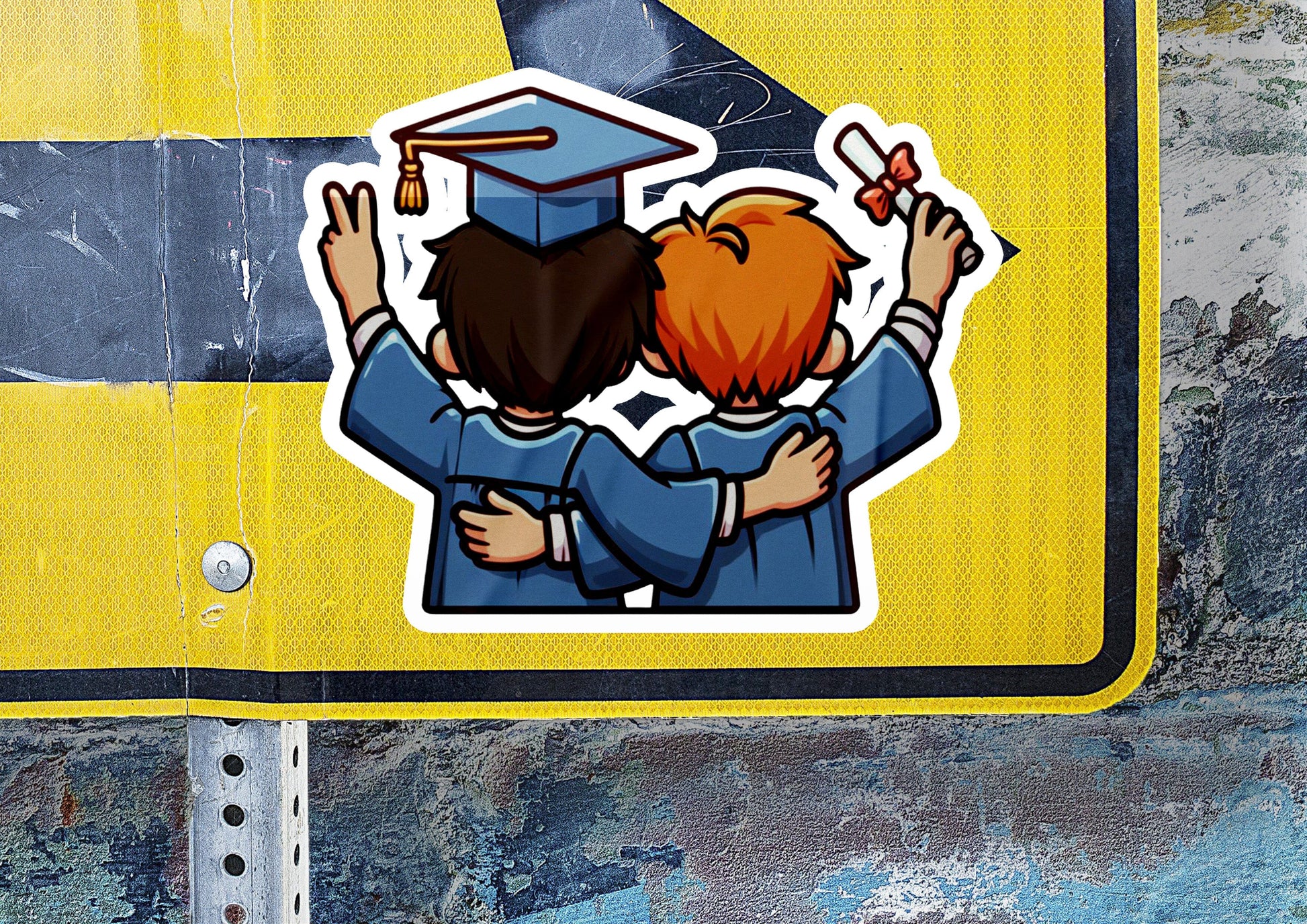 a sticker of two people hugging under a graduation cap