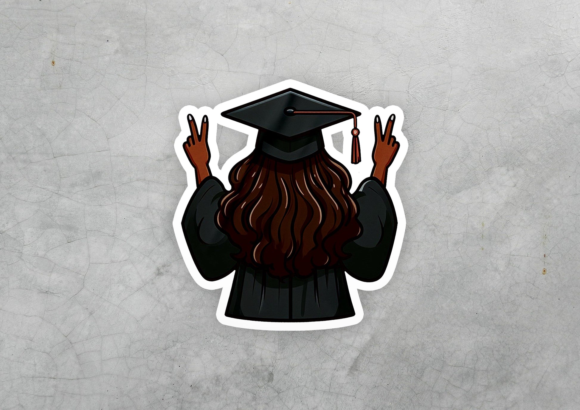 a sticker of a man with long hair wearing a graduation cap