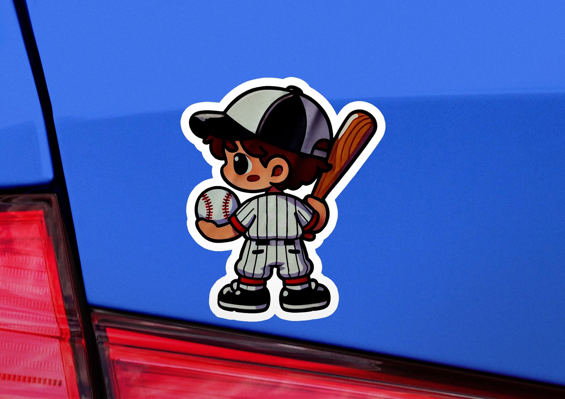 a baseball player sticker on the back of a car