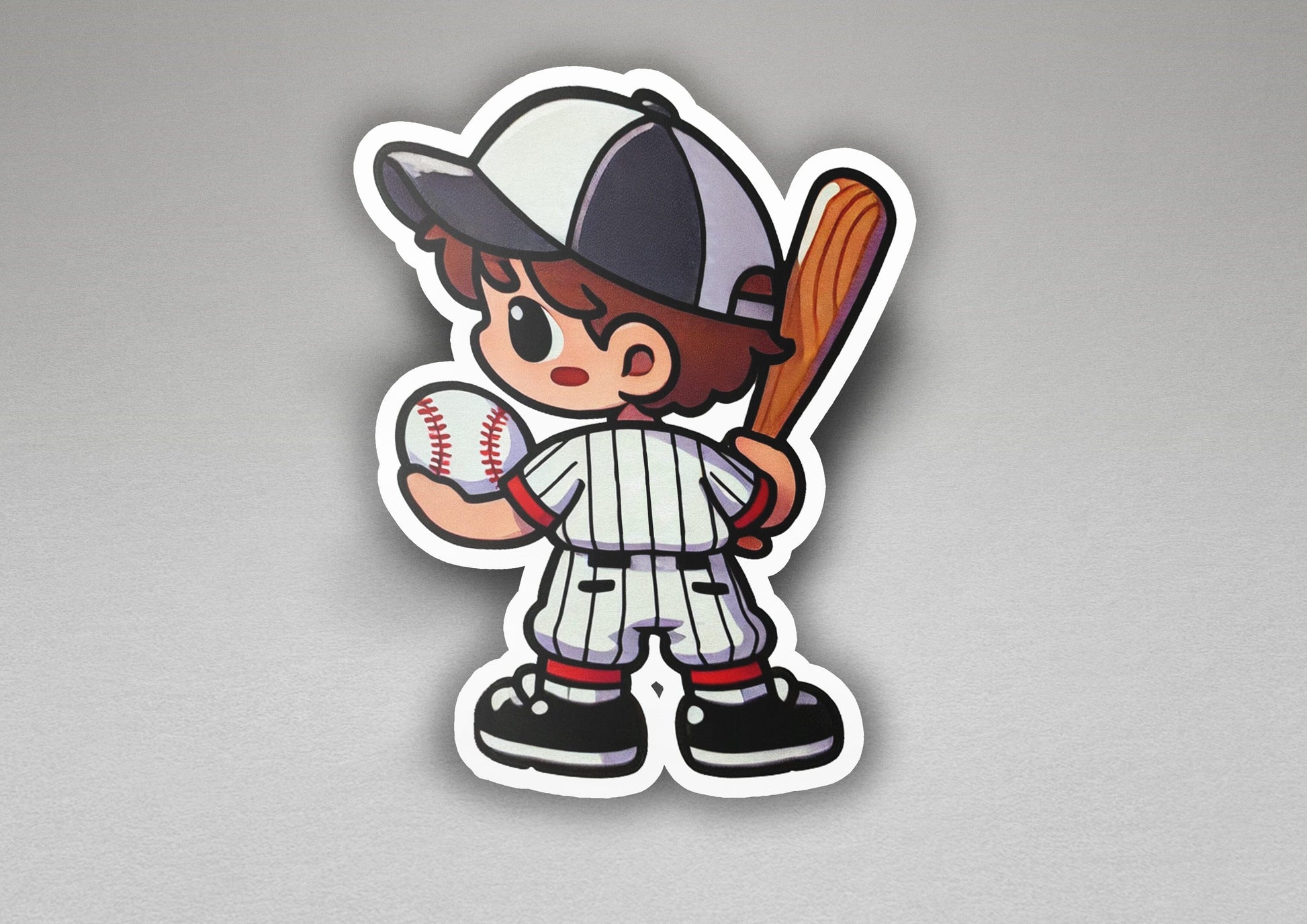 a sticker of a baseball player holding a bat