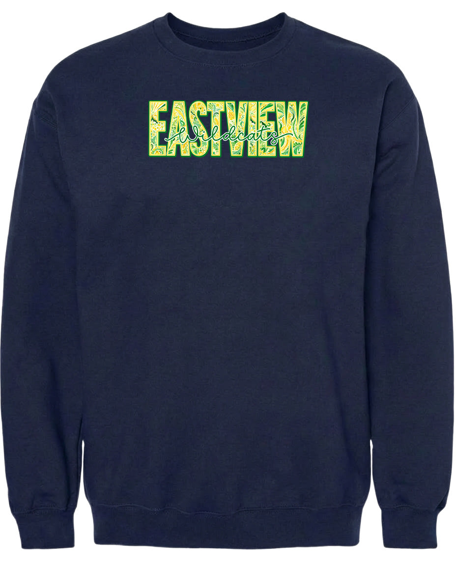 A navy blue sweatshirt with the word "EASTVIEW" printed in yellow letters across the front.
