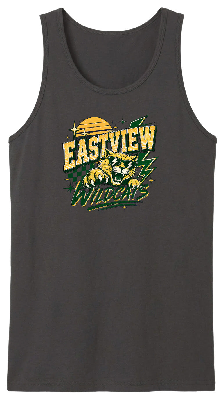 A gray tank top with a graphic design featuring a yellow sun and green lightning bolts, along with the text "EASTVIEW WILDCATS".
