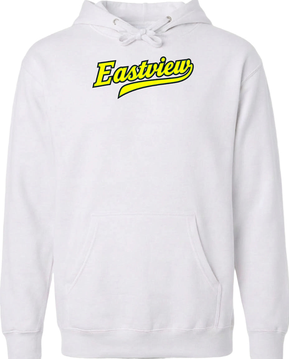 A white hoodie with a yellow text logo on the front.