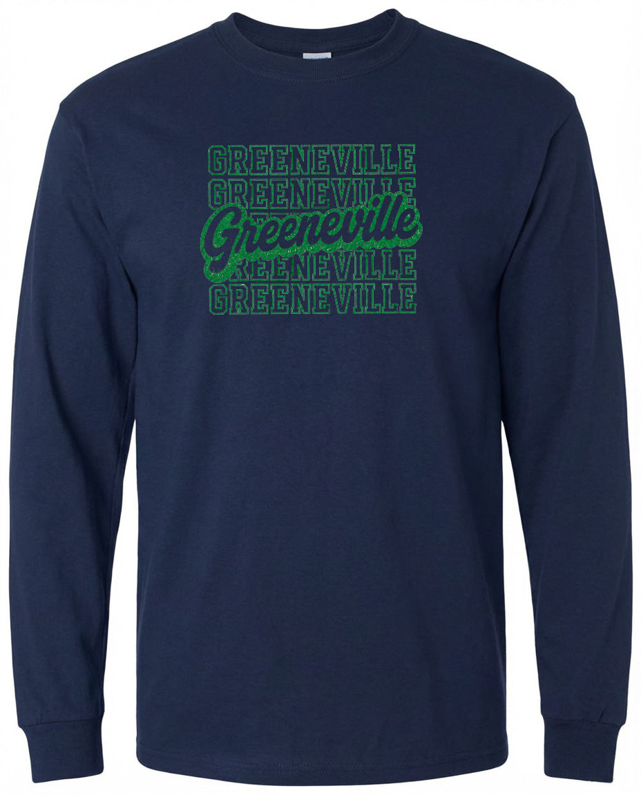 A navy blue long-sleeved shirt with the text "Greenville" printed in green on the front.
