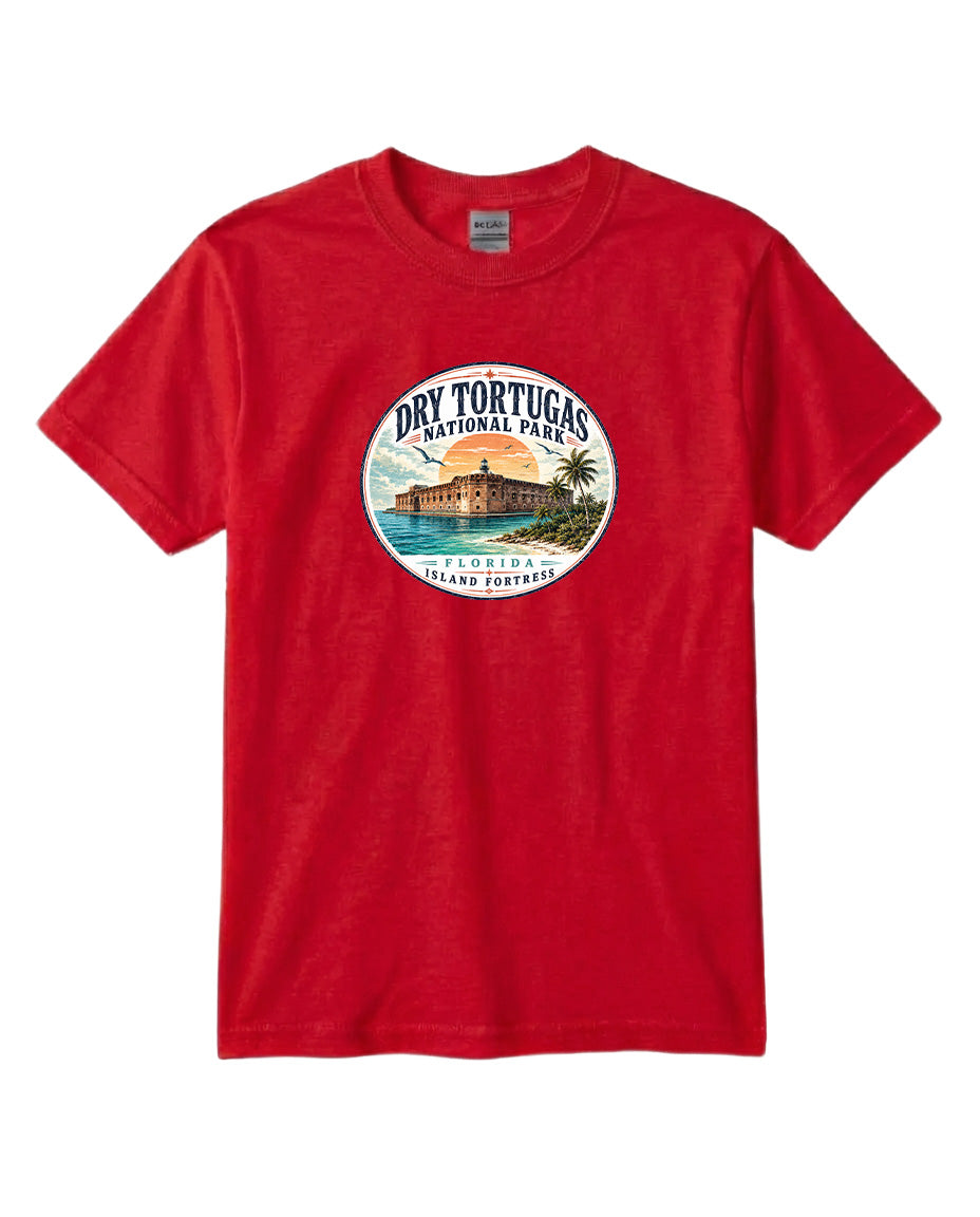 A red t-shirt with a circular graphic design featuring a tropical beach scene and the text "Dry Tortugas National Park, Florida, USA".
