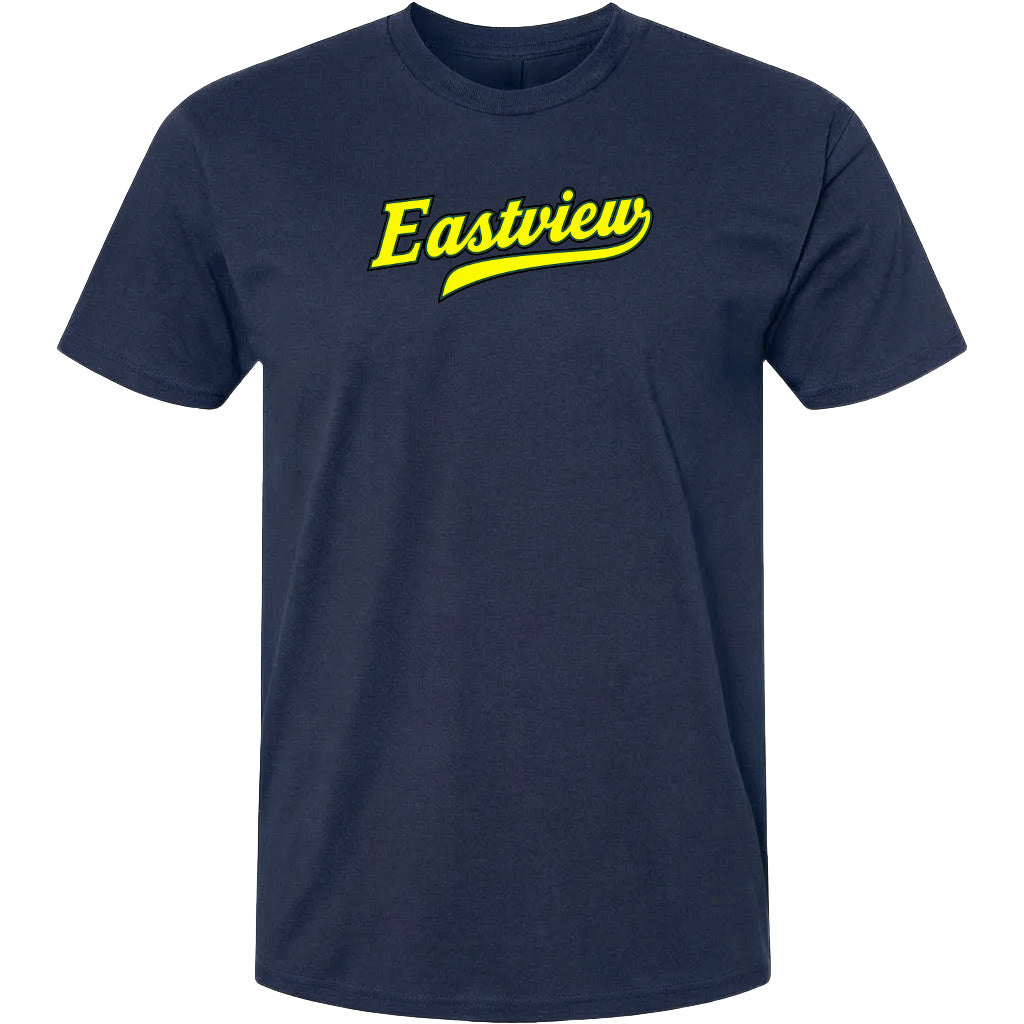 A navy blue t-shirt with the word "Eastview" printed in yellow on the front.