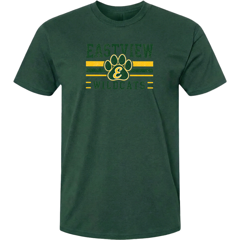 A dark green t-shirt with a graphic design featuring a paw print and the text "EASTVIEW WILDCATS" printed on it.