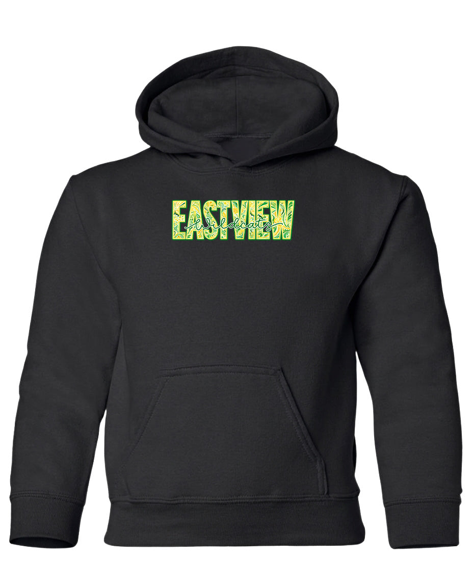 A black hooded sweatshirt with the word "EASTVIEW" printed in green letters across the chest.
