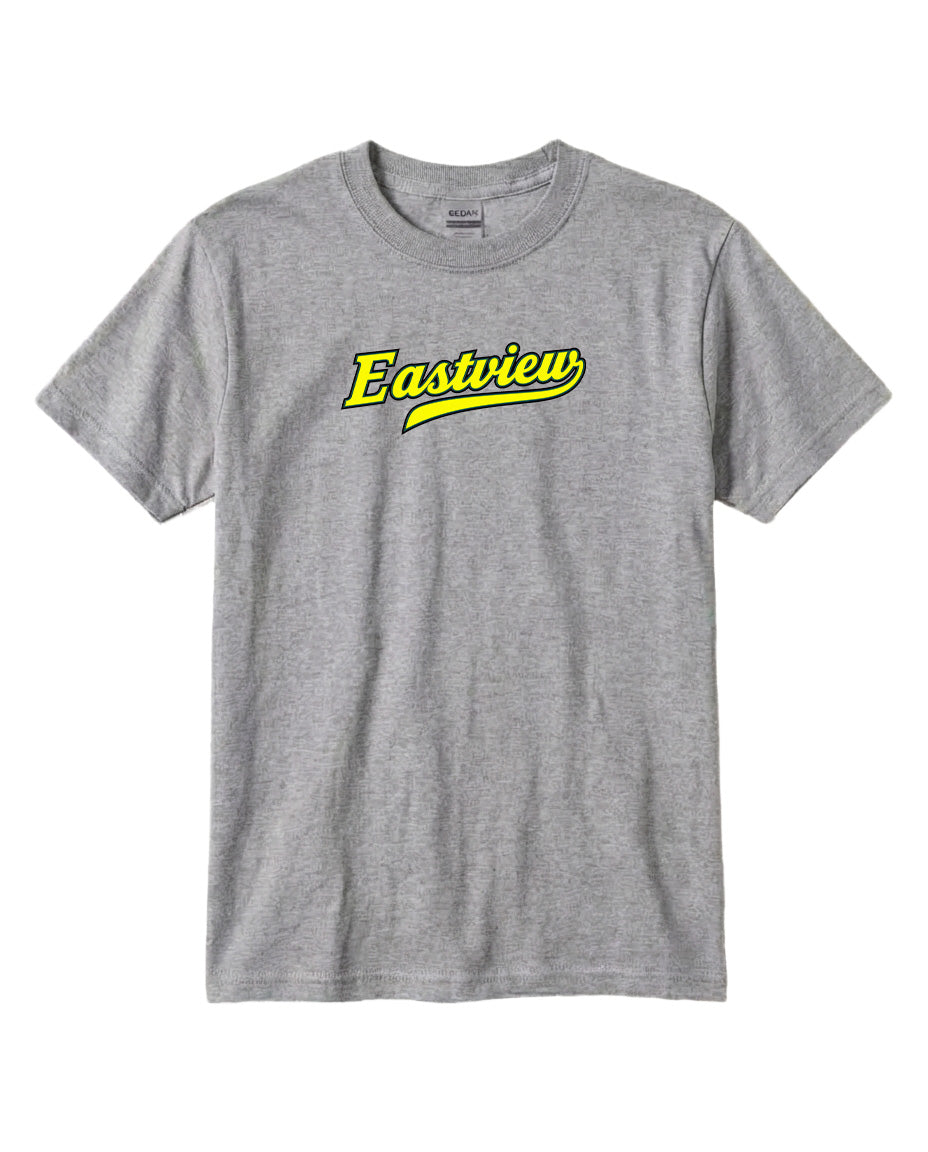 A gray t-shirt with the text "Eastview" printed in yellow on the front.