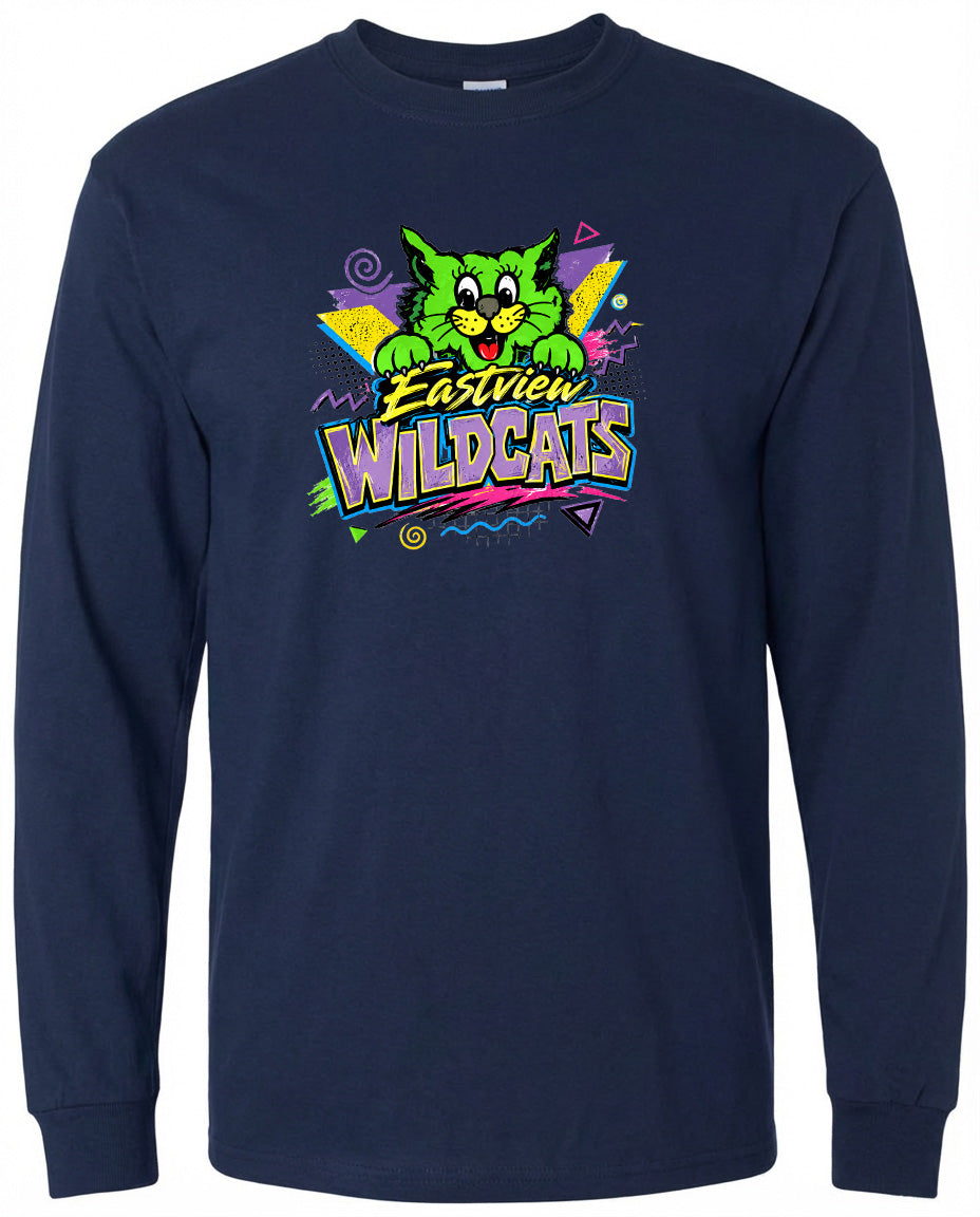 A navy blue long-sleeved shirt with a colorful graphic design featuring a cartoon cat and the text "Fastview Wildcats".