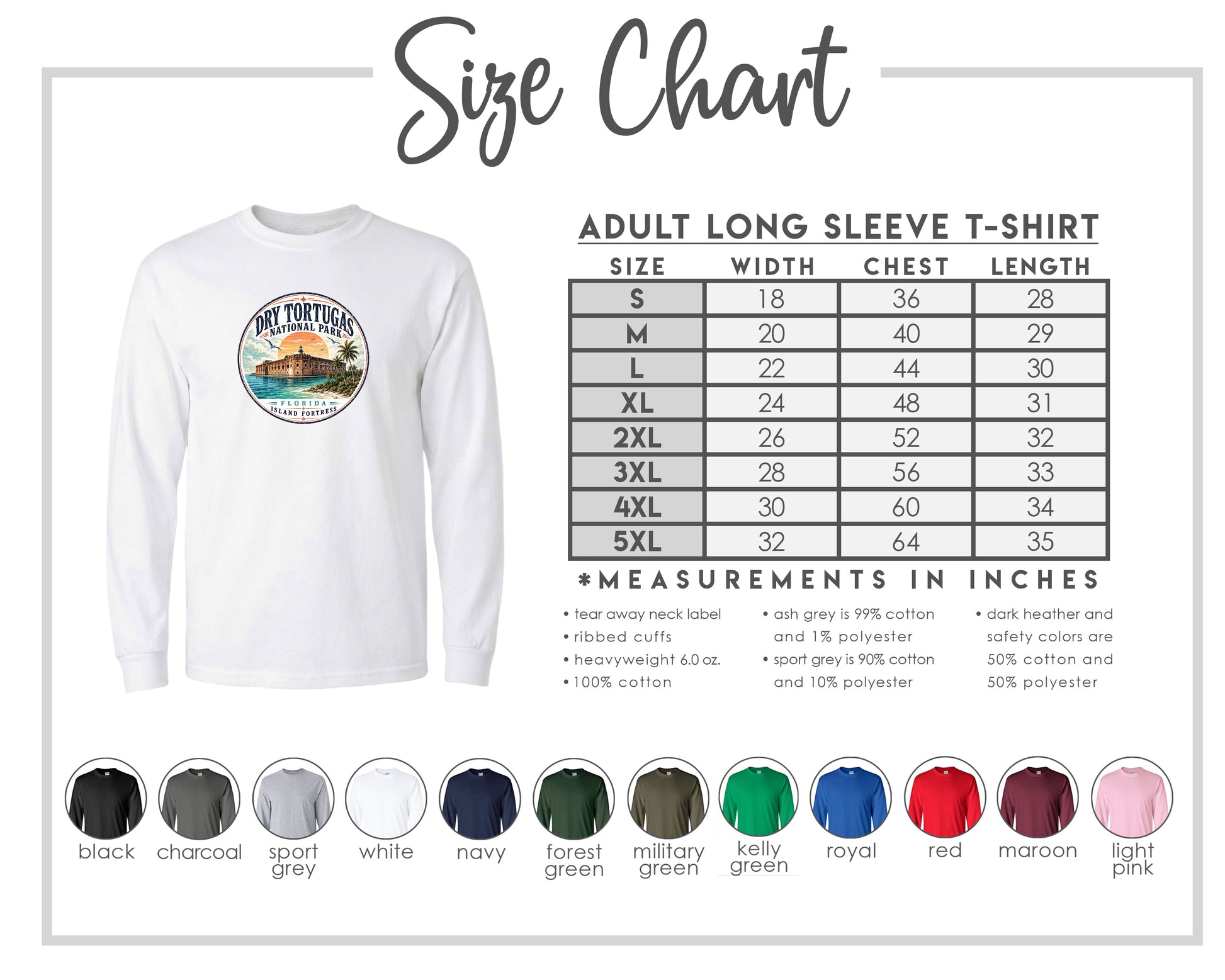 The image is a size chart for an adult long sleeve t-shirt, providing measurements and corresponding shirt colors.