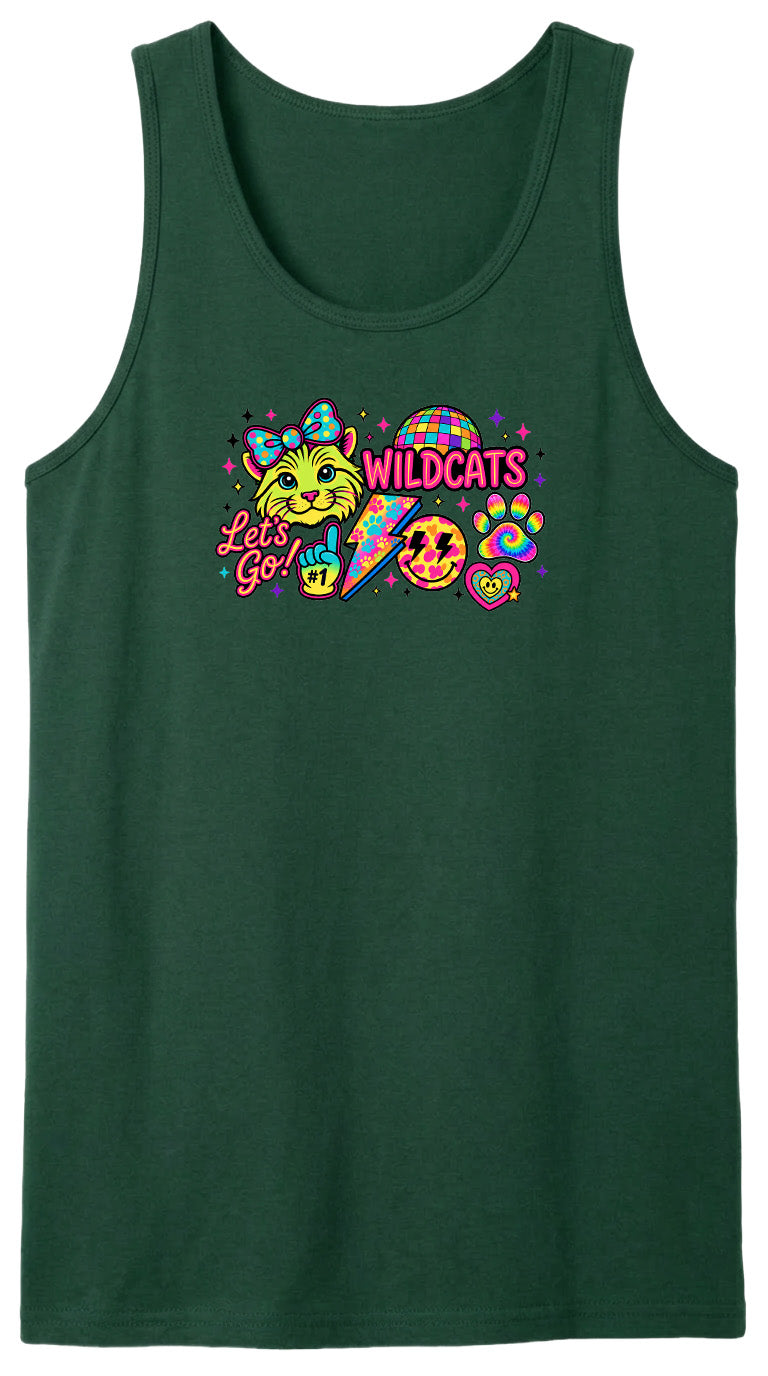 A green tank top with a colorful graphic design featuring a cartoon cat, a lightning bolt, and various other elements.