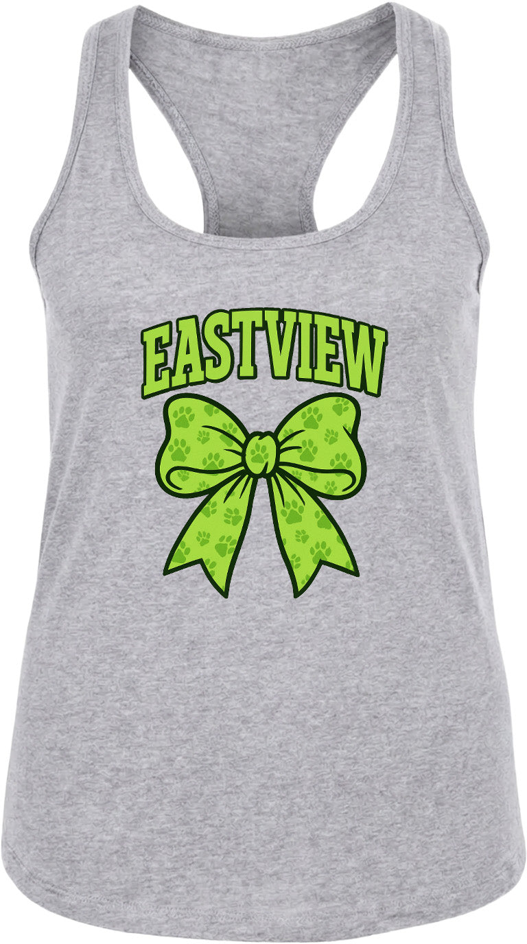 A gray tank top with a green bow and the text "EASTVIEW" printed on it.