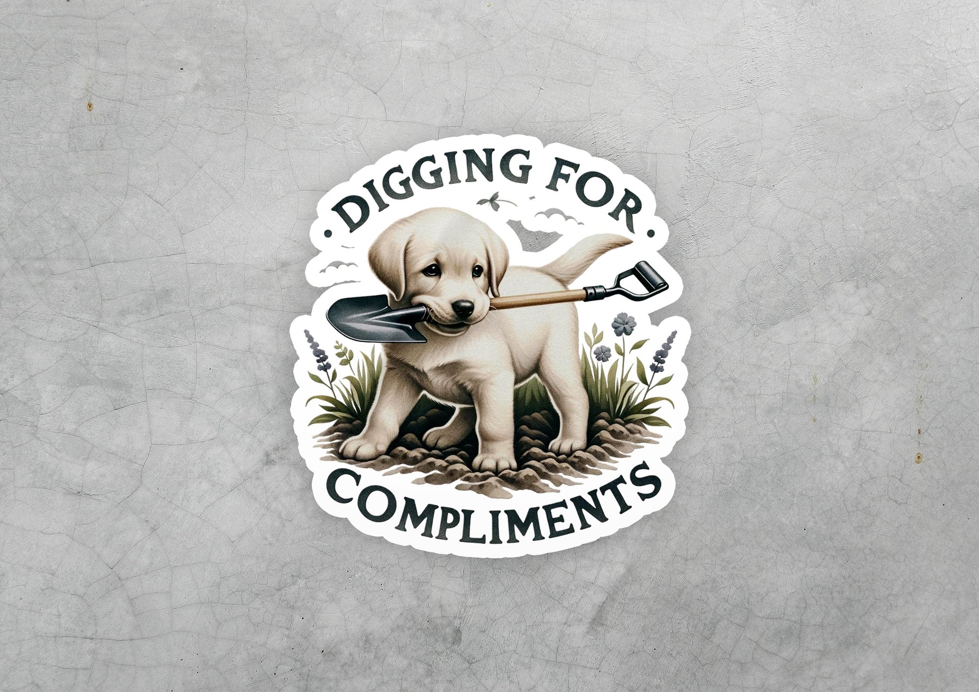 a sticker of a dog digging for compliments