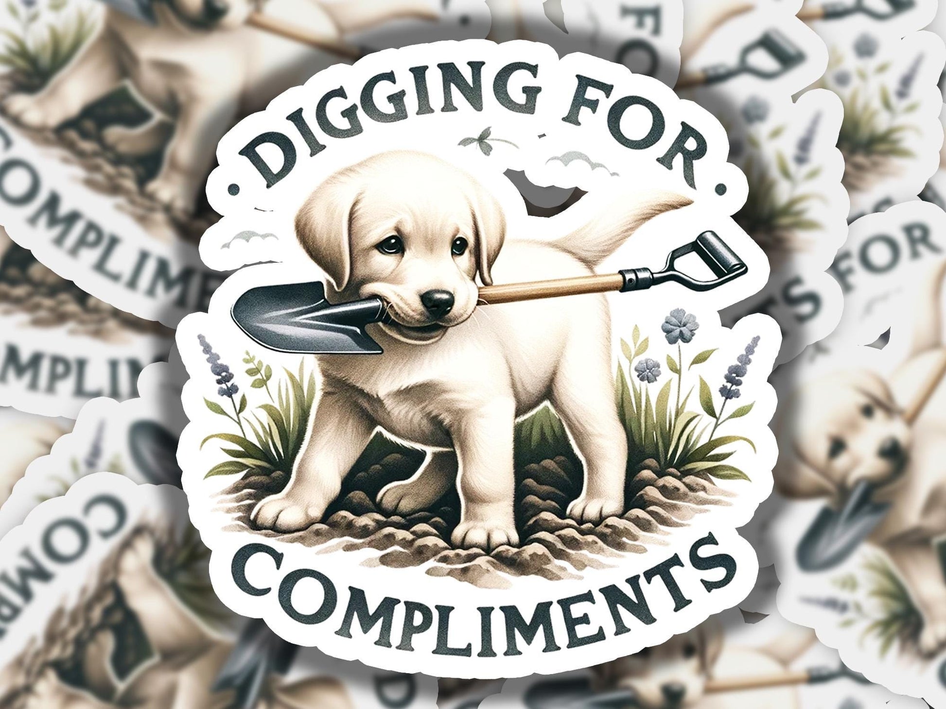 a sticker with a dog holding a shovel in it&#39;s mouth
