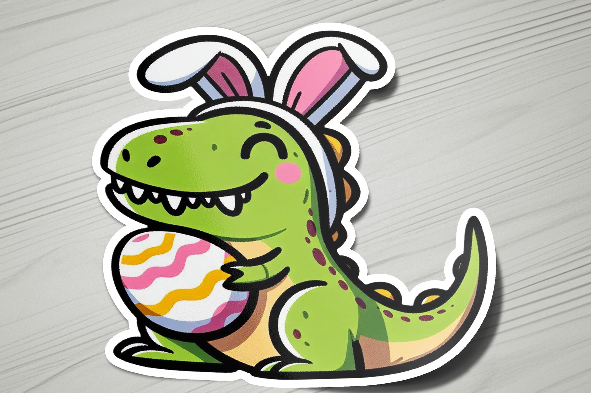 a sticker of a dinosaur holding an easter egg