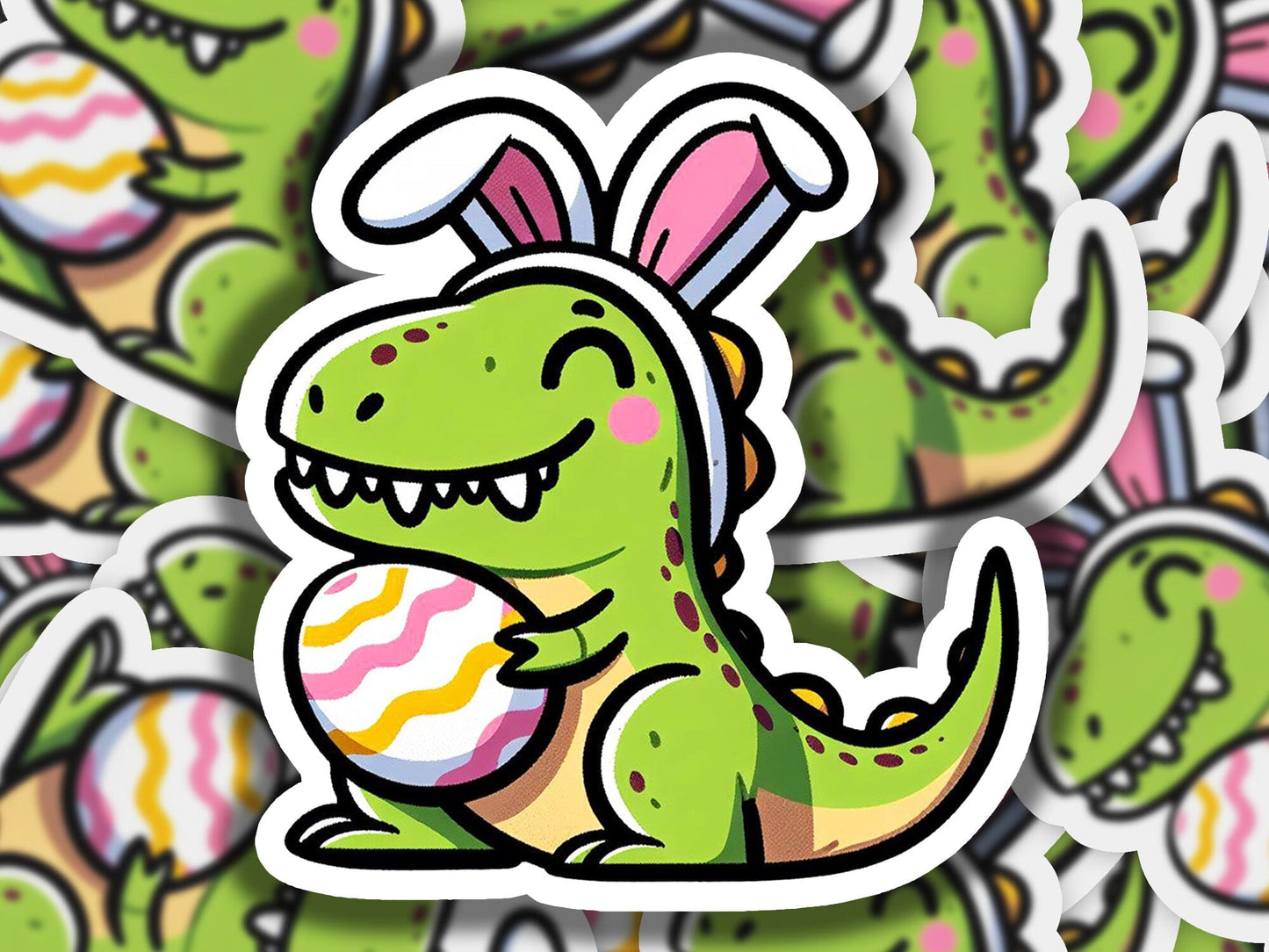 a sticker of a dinosaur with bunny ears