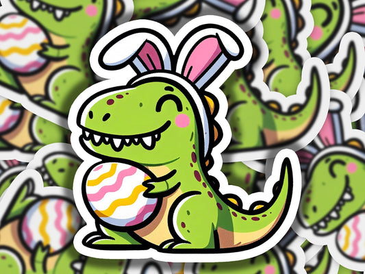 a sticker of a dinosaur with bunny ears