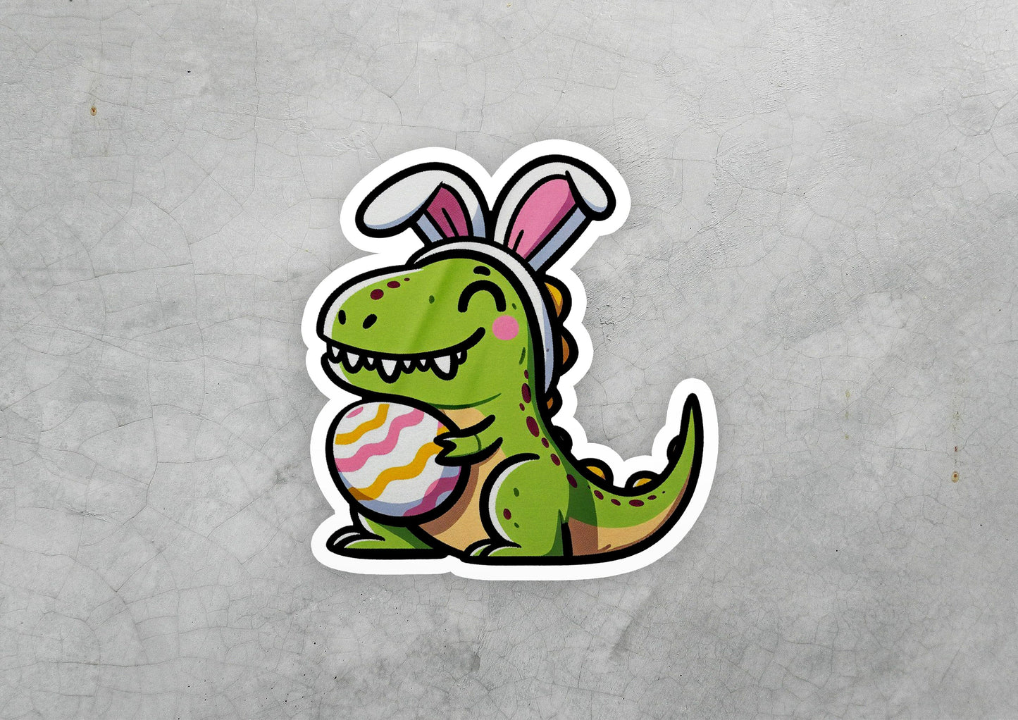 a sticker of a dinosaur with bunny ears