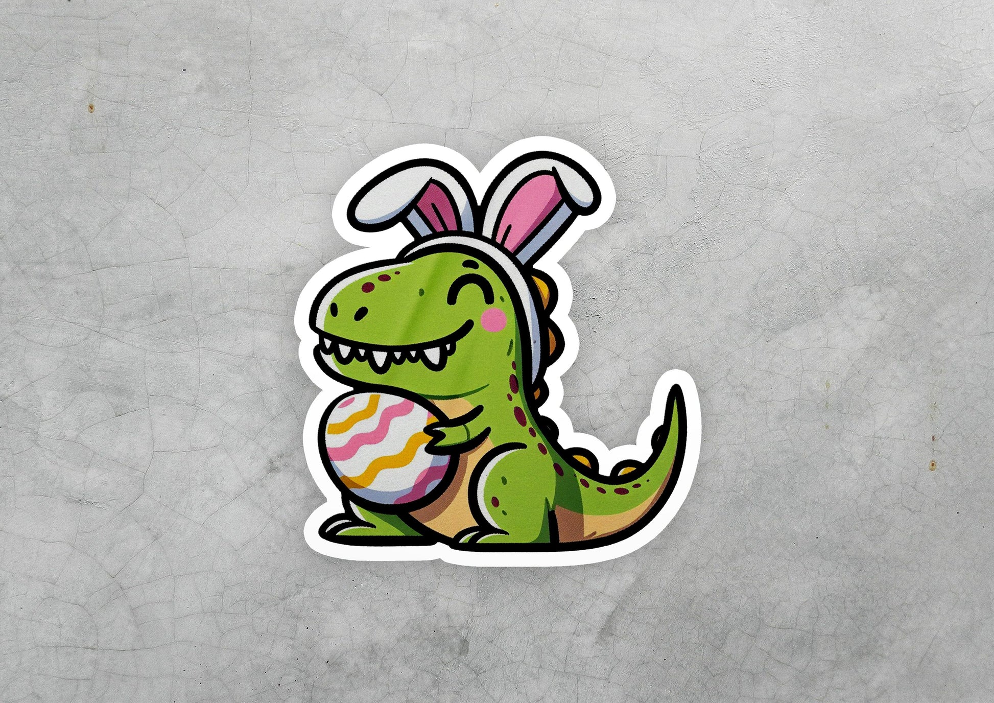 a sticker of a dinosaur with bunny ears