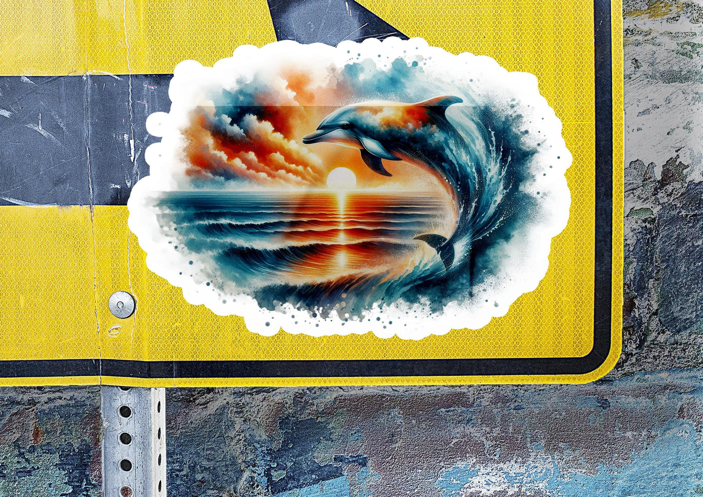 a sticker of two dolphins jumping out of a wave