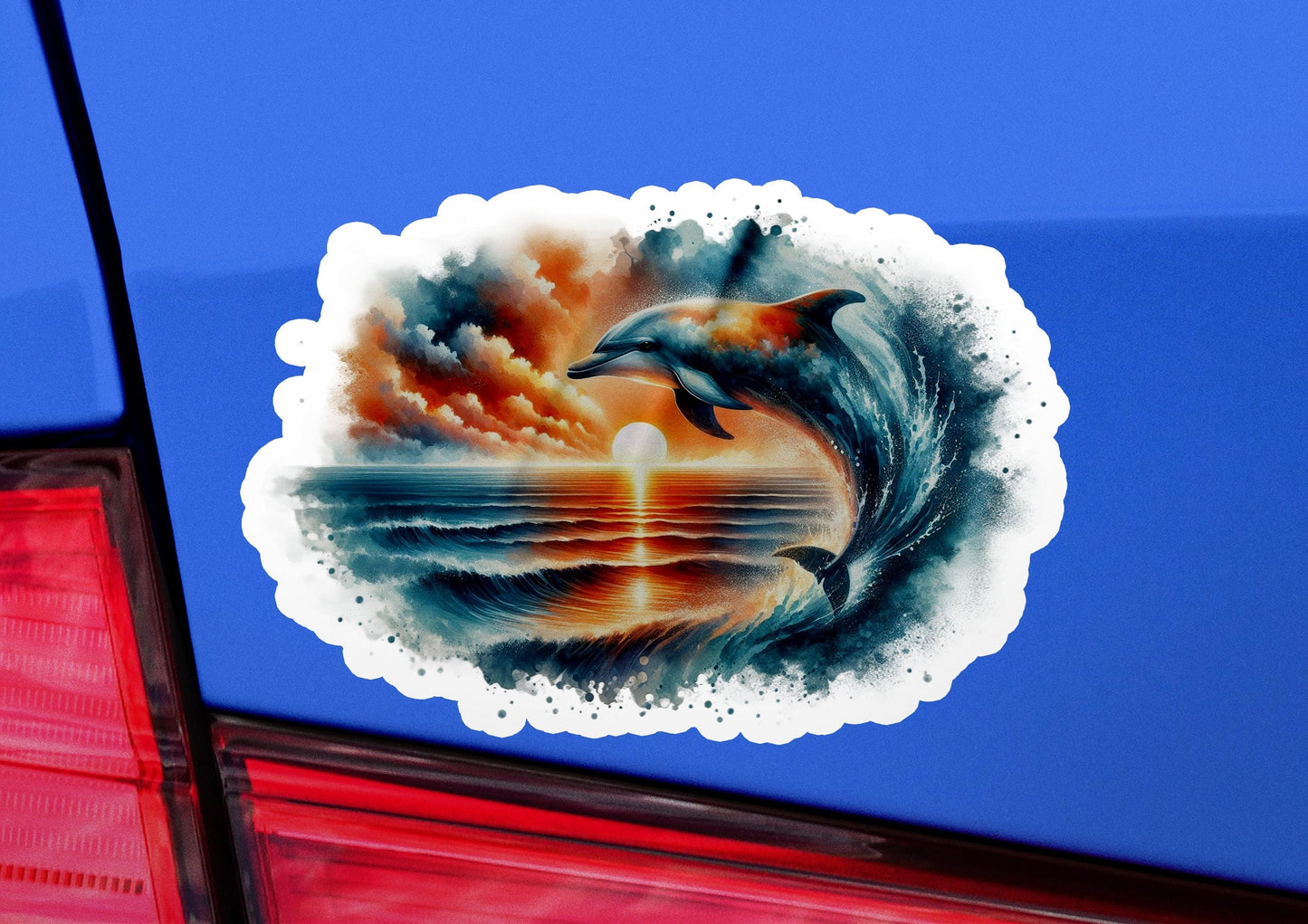 a sticker of two dolphins jumping out of the water