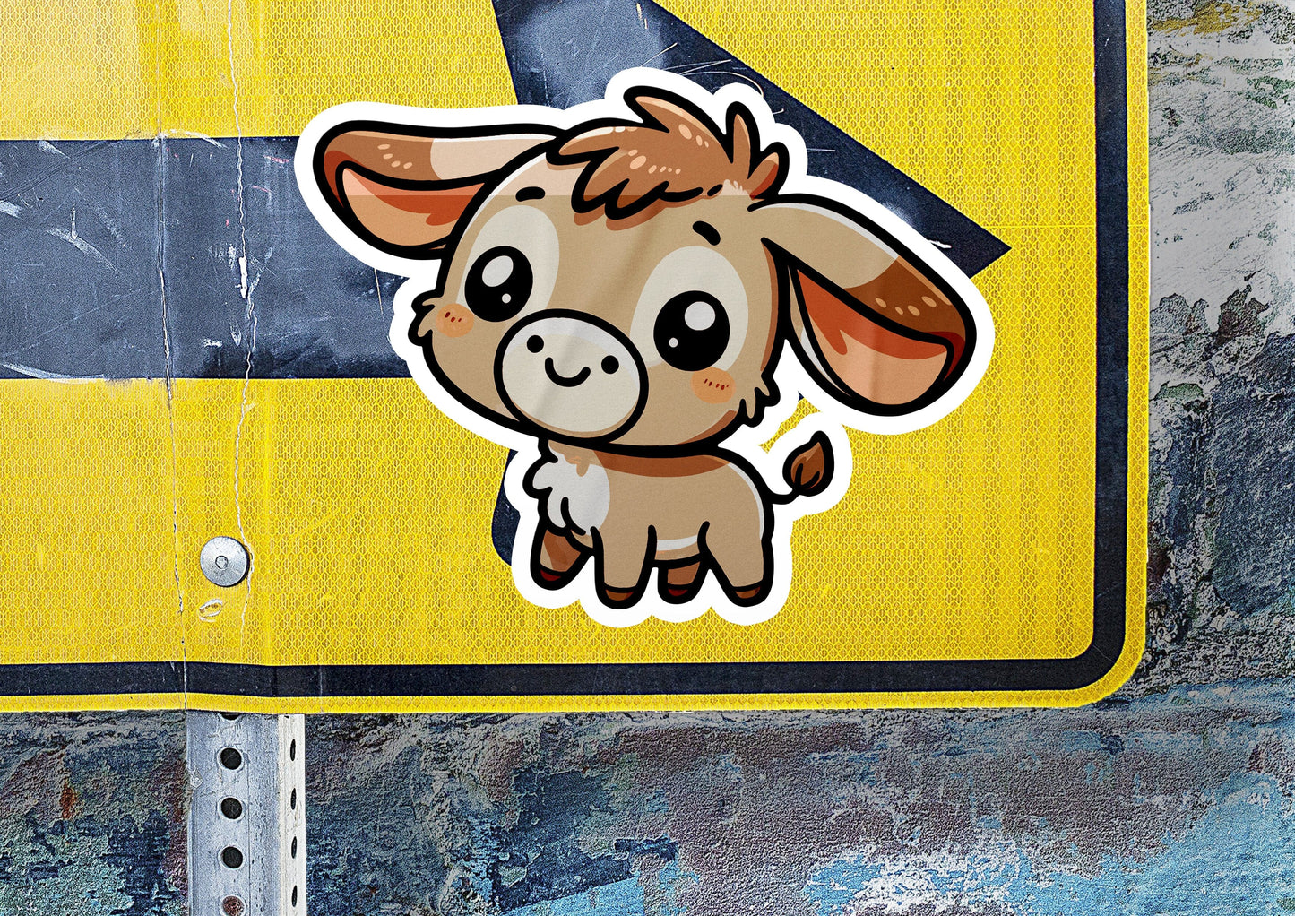 a close up of a street sign with a cow sticker on it