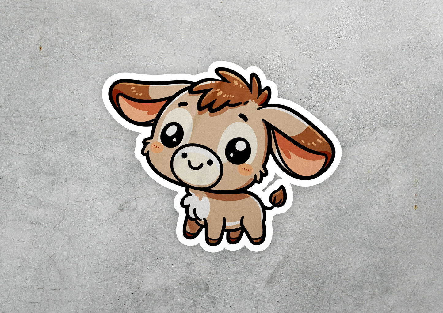 a sticker of a little cow with a sad look on its face