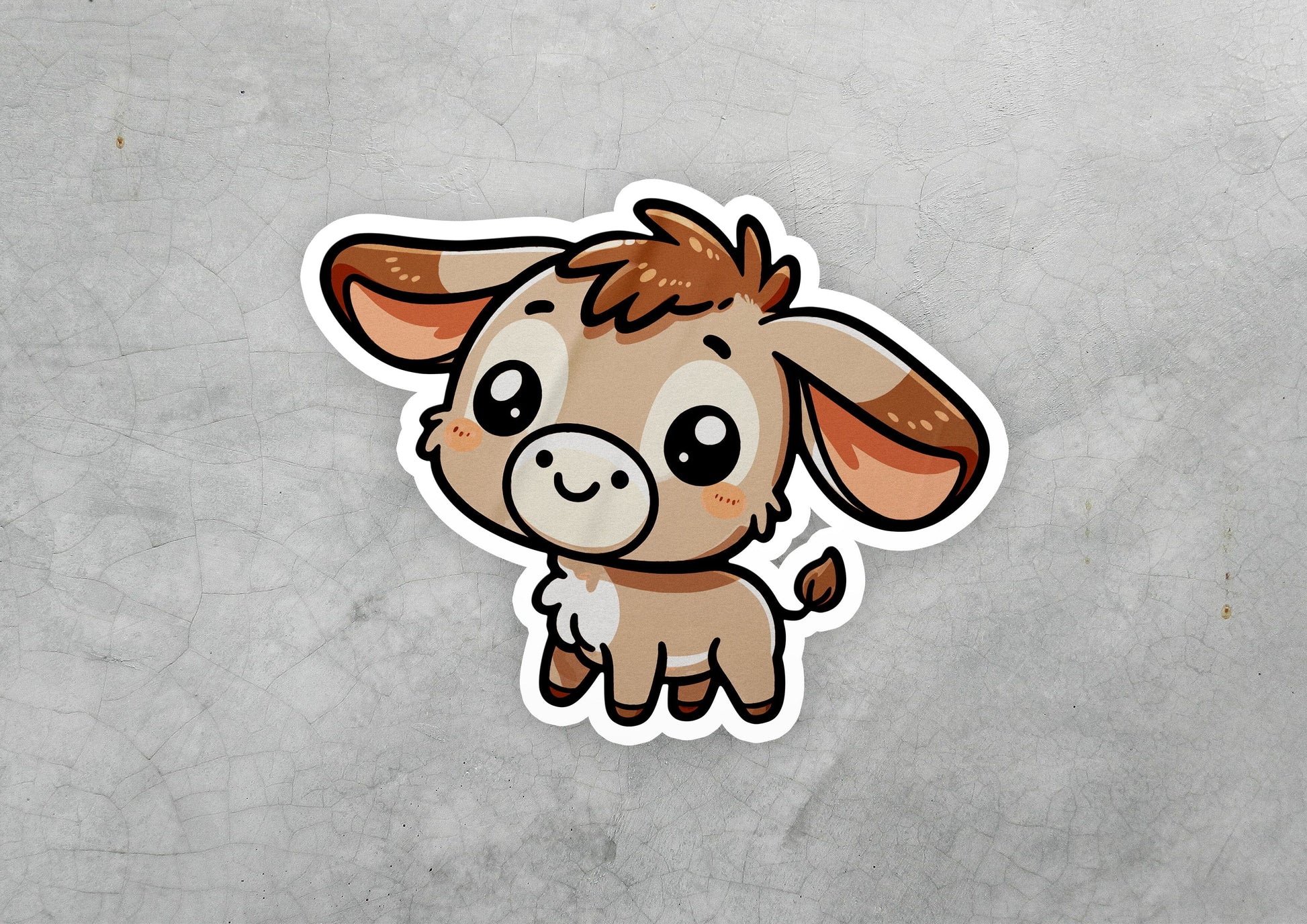 a sticker of a little cow with a sad look on its face