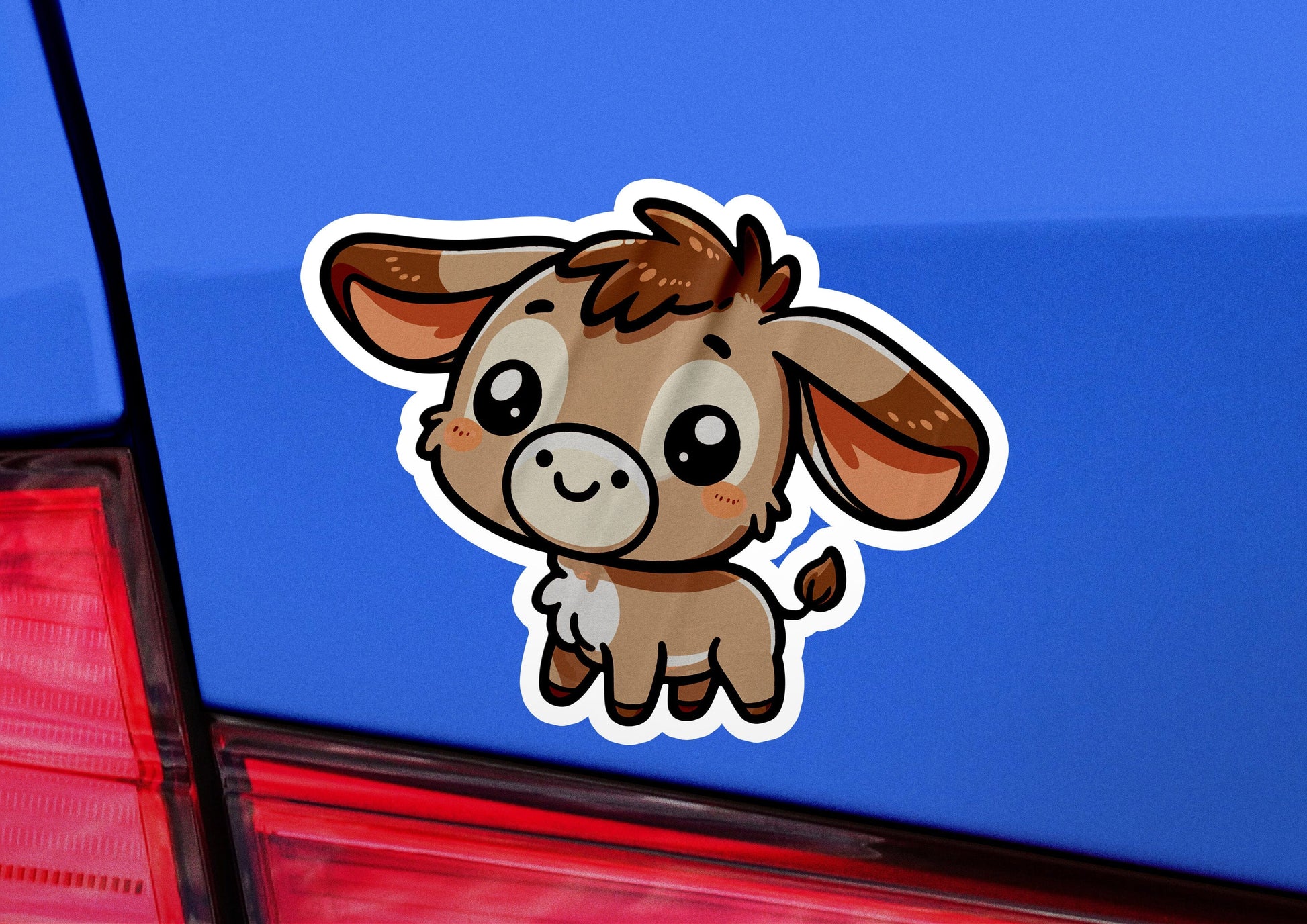 a sticker of a brown cow with big eyes