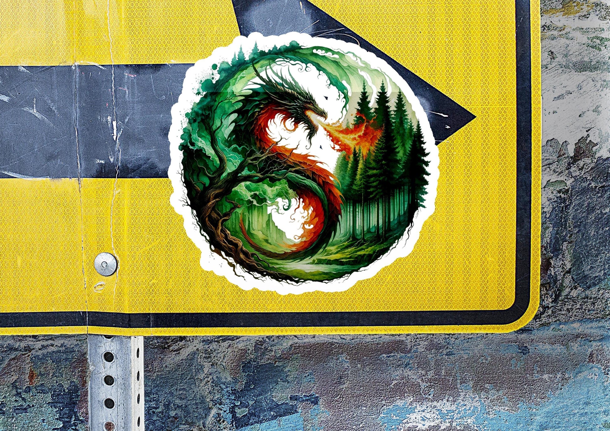 a dragon sticker on a yellow street sign