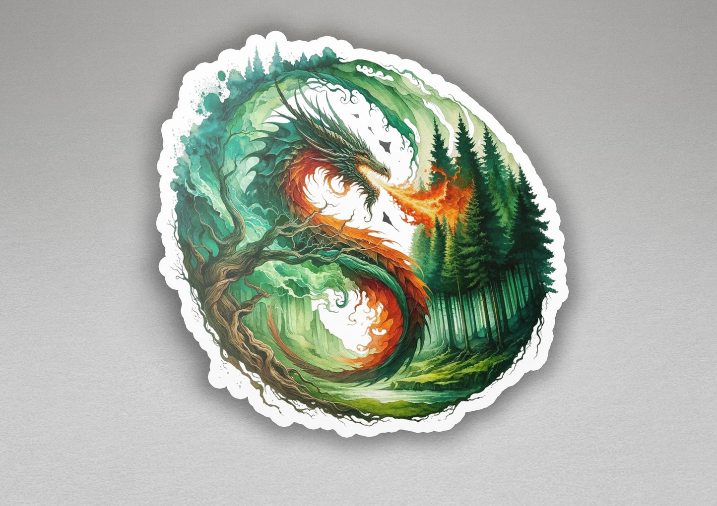 a sticker with a picture of a tree and a dragon on it