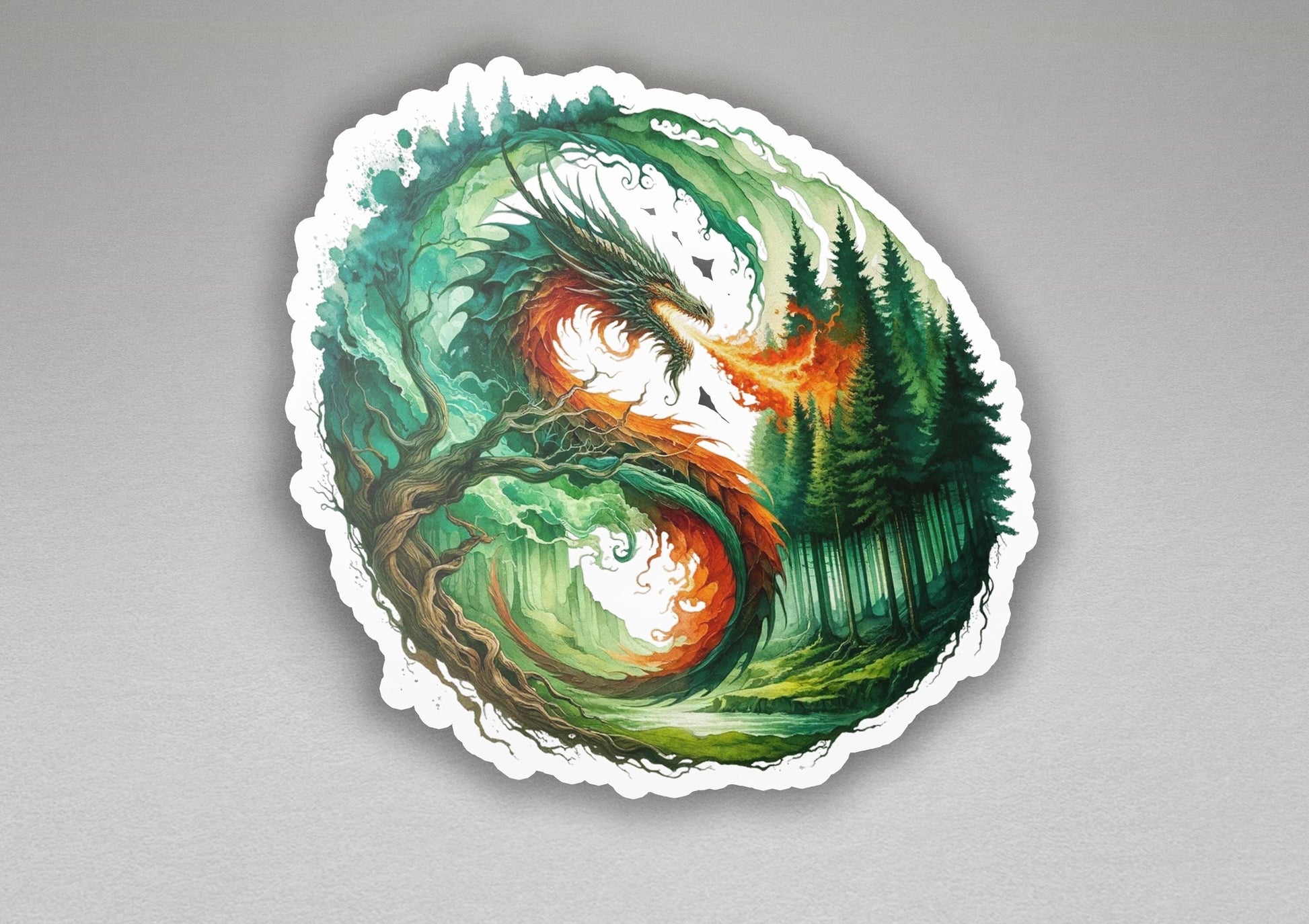 a sticker with a picture of a tree and a dragon on it