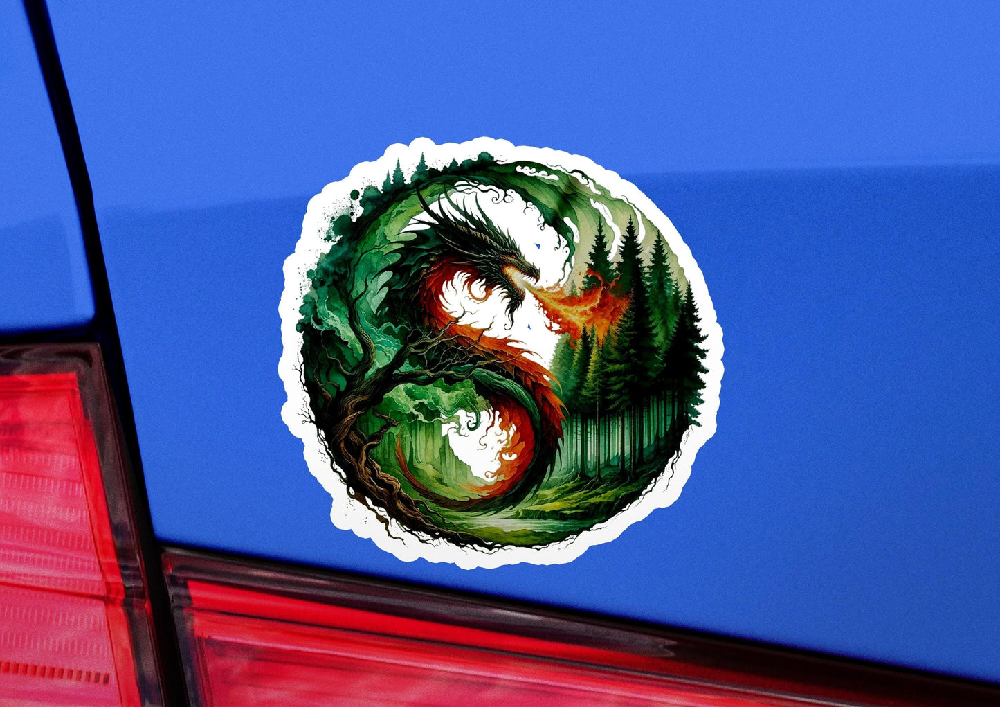 a dragon sticker on the back of a car