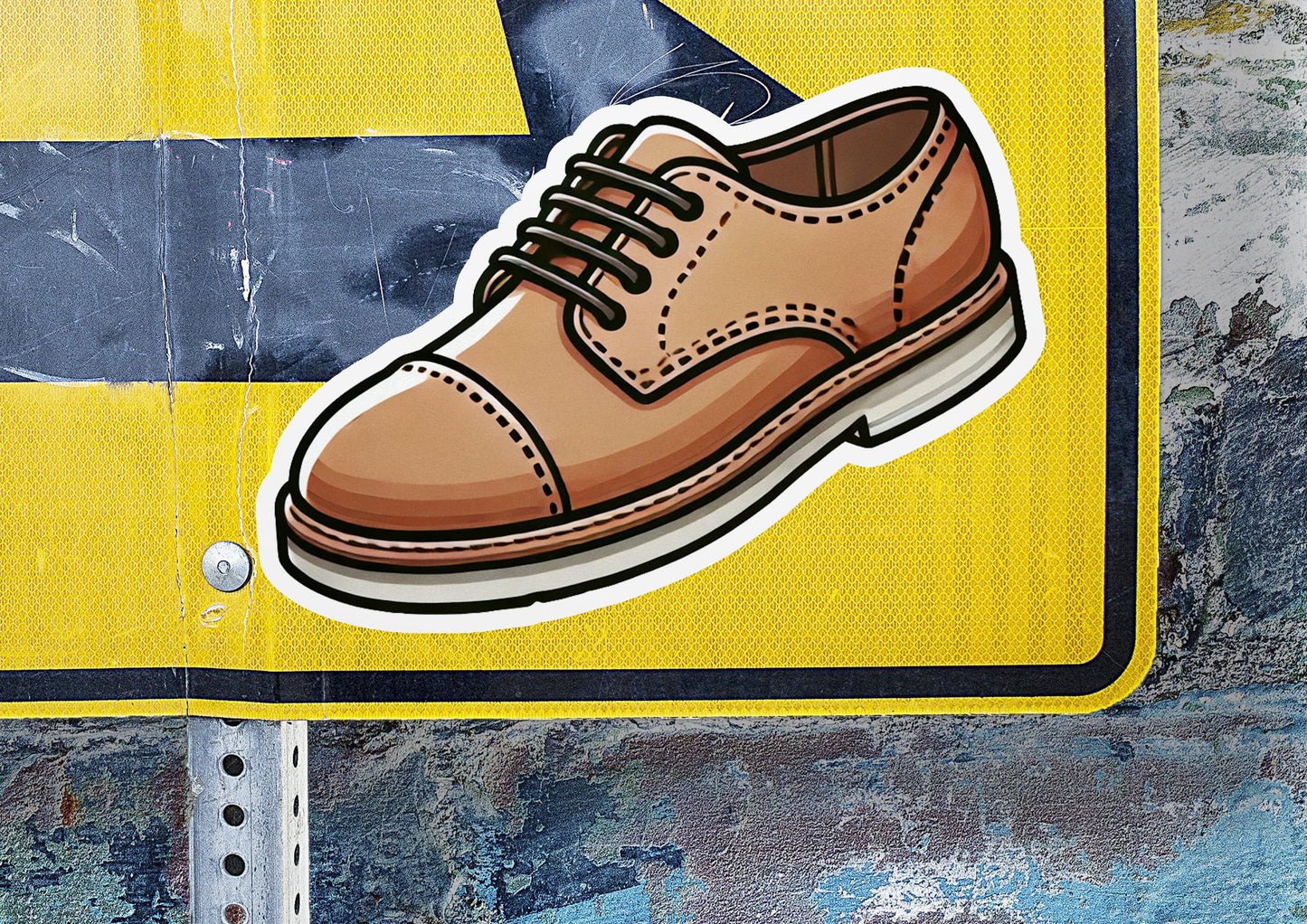 a sticker of a shoe on a street sign
