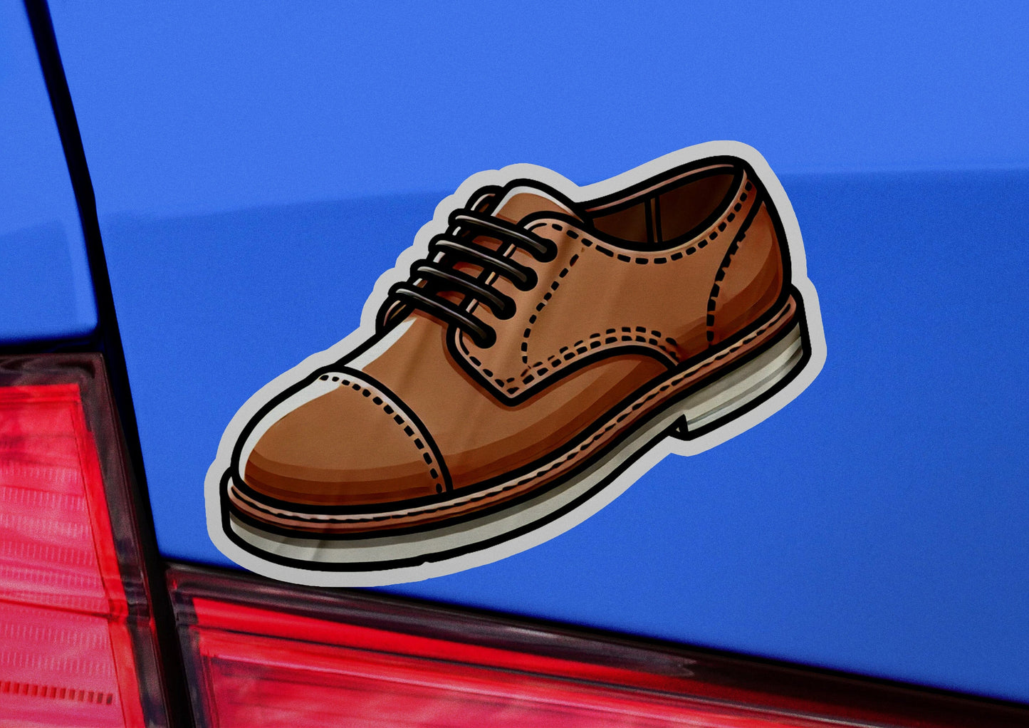 a sticker of a brown shoe on a blue car