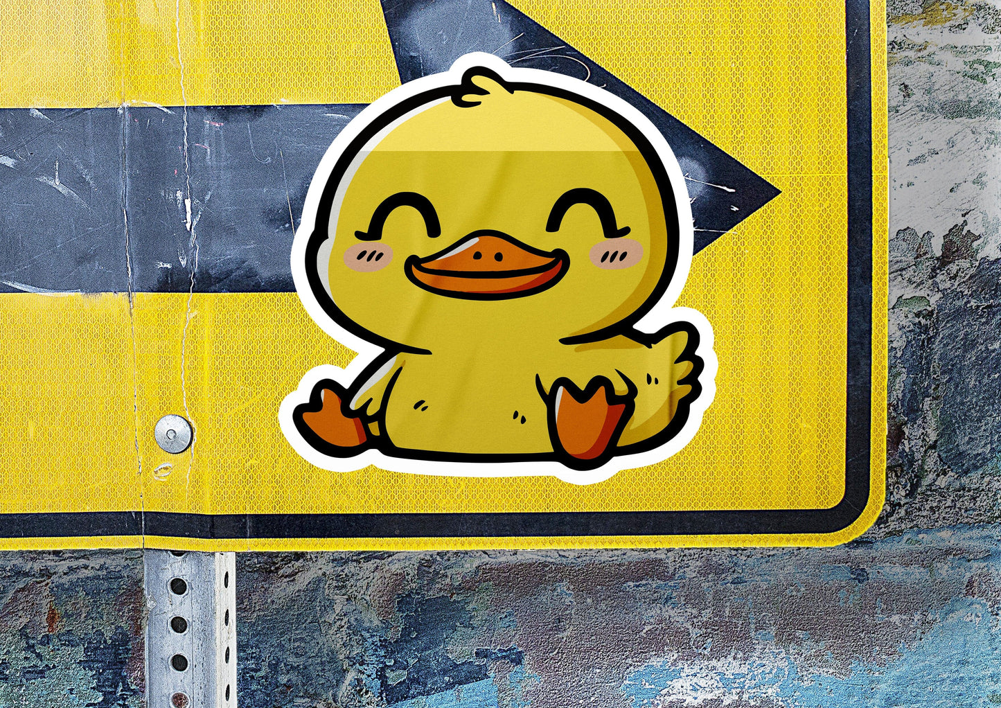 a close up of a street sign with a duck on it