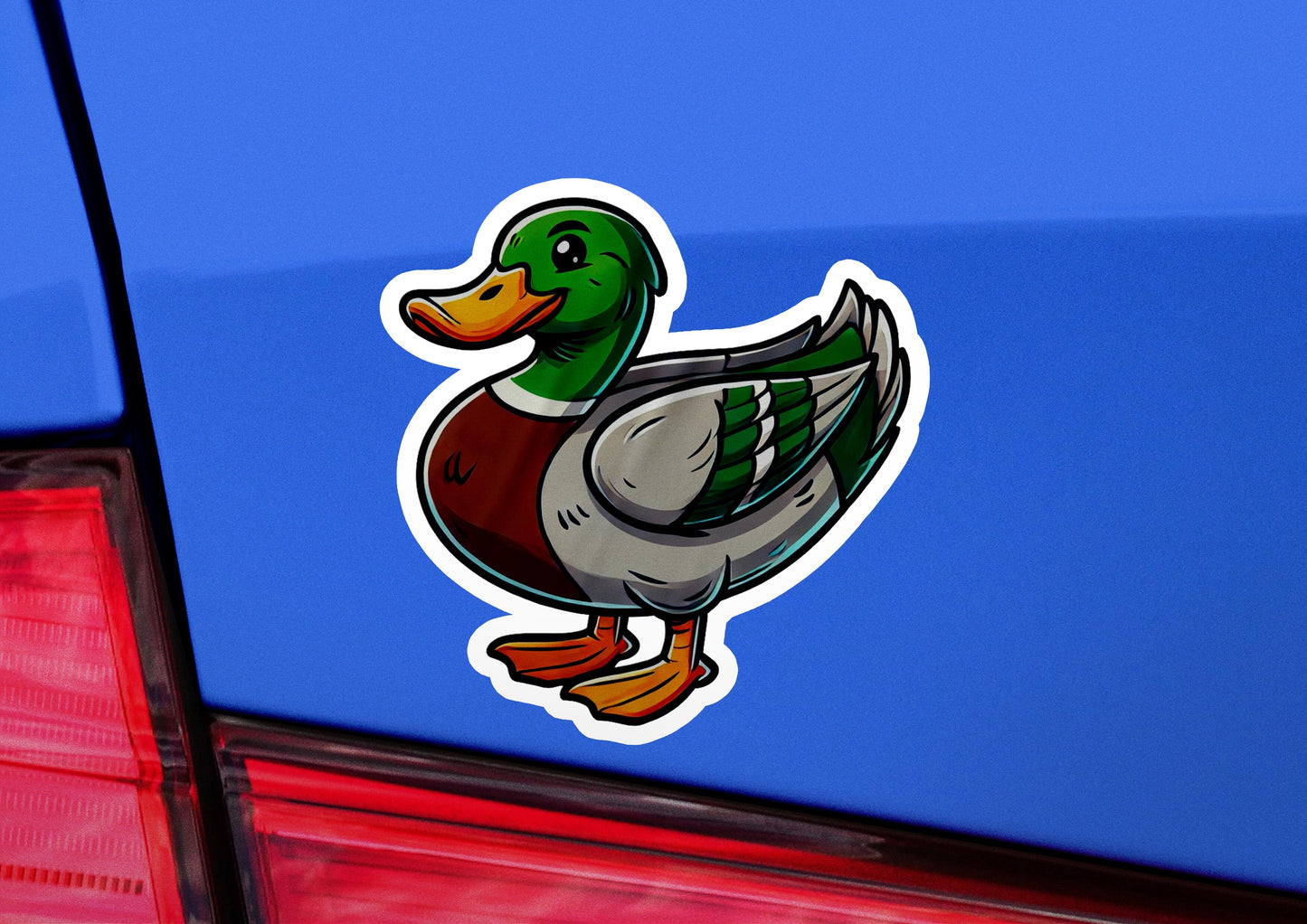a duck sticker on the back of a car