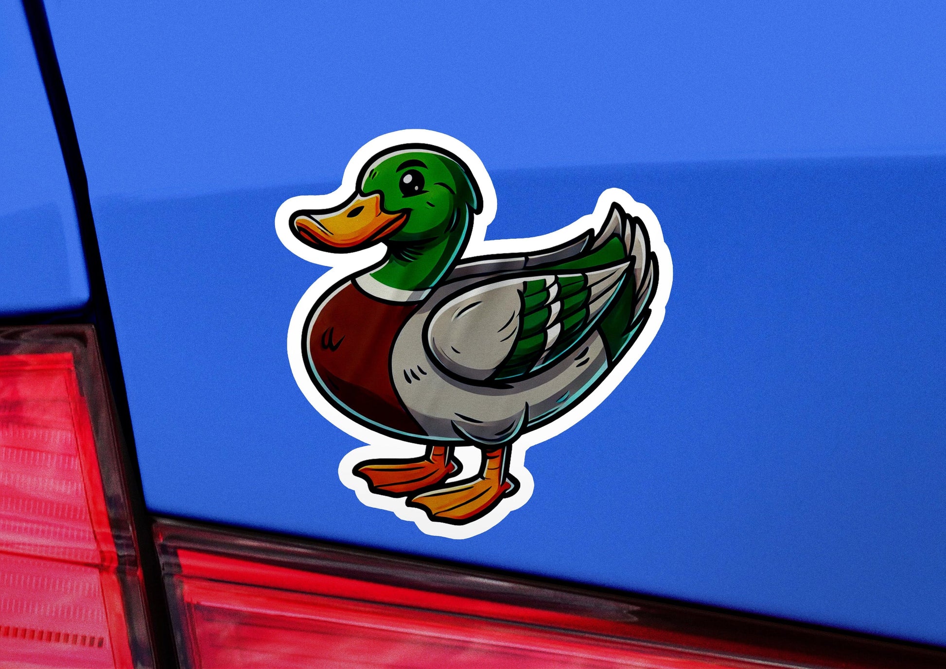 a duck sticker on the back of a car