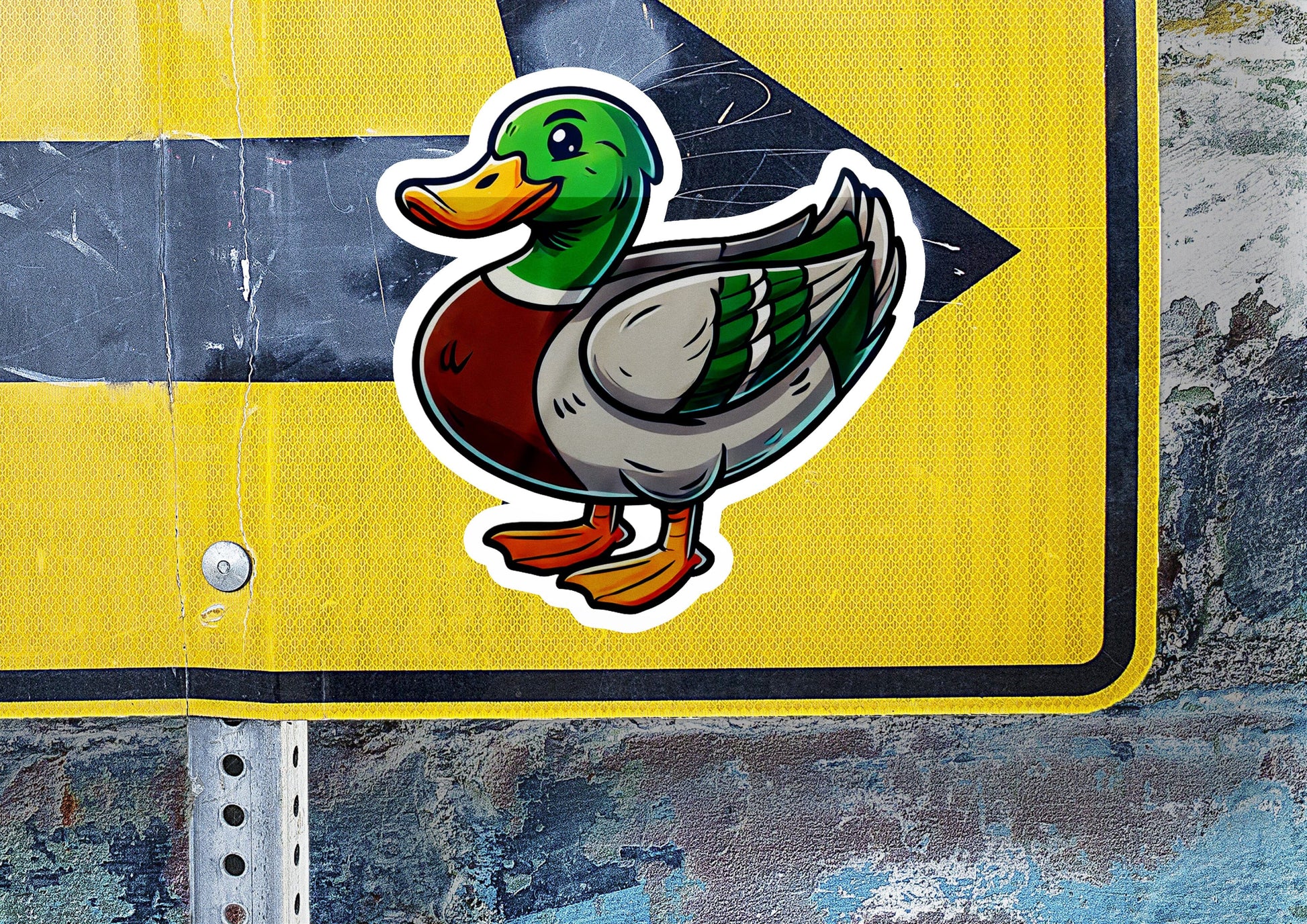 a duck sticker on the side of a street sign