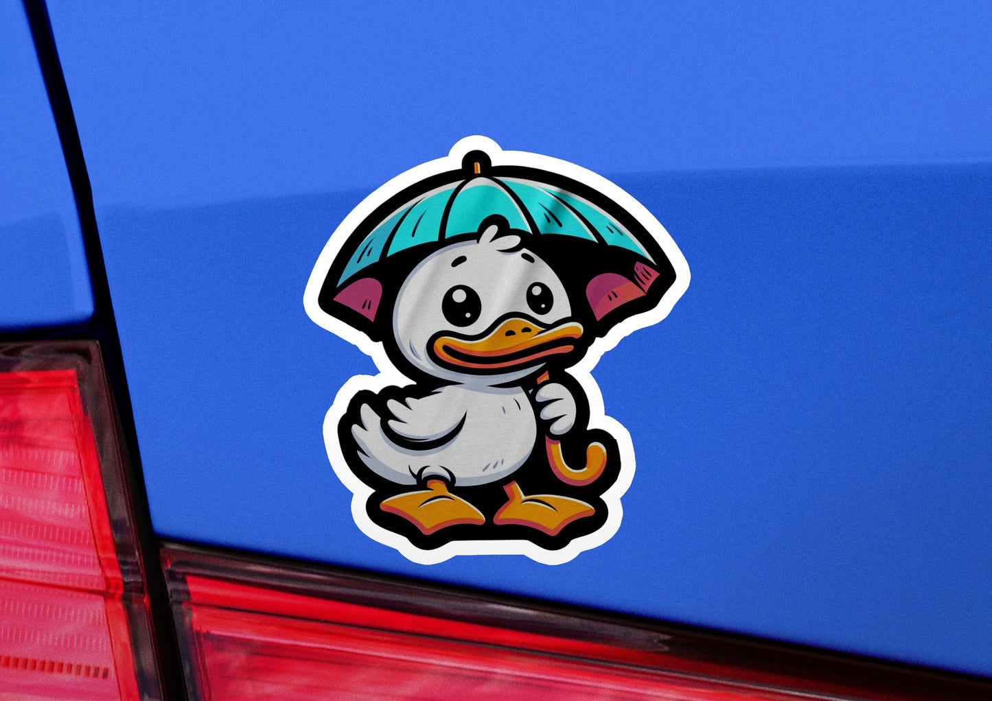 a duck with an umbrella sticker on the back of a car